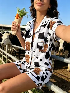 Women's Cute Highland Cow Pajama Set, Summer Lightweight Button Short Sleeve Shorts Two-Piece, Classic Cow Spot Trim Casual Sleepwear Loungewear