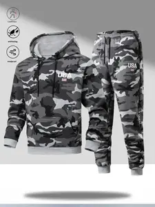 Men's Military Green 2 Piece Camouflage Activewear Set Drawstring Hoodie, Camouflage Print, Fitted Cut, Outdoor Style, USA Lettering, Small Flag Prints, Large Gear Pocket
