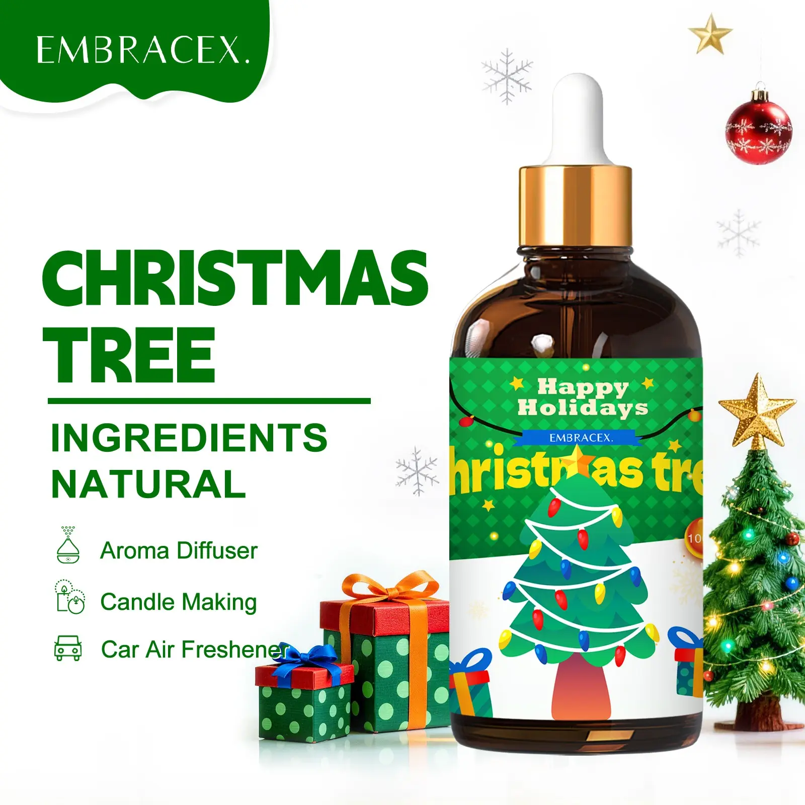100ML Christmas Tree Essential Oils, Holiday Gift, Plant Oil, Office Use, Humidifier, Diffuser, DIY Soap/candle, Bath, Car Fragrance, Air Freshener, Body Massage, Home Decor, Alcohol-Free, Long-Lasting Scent, Festive Gift