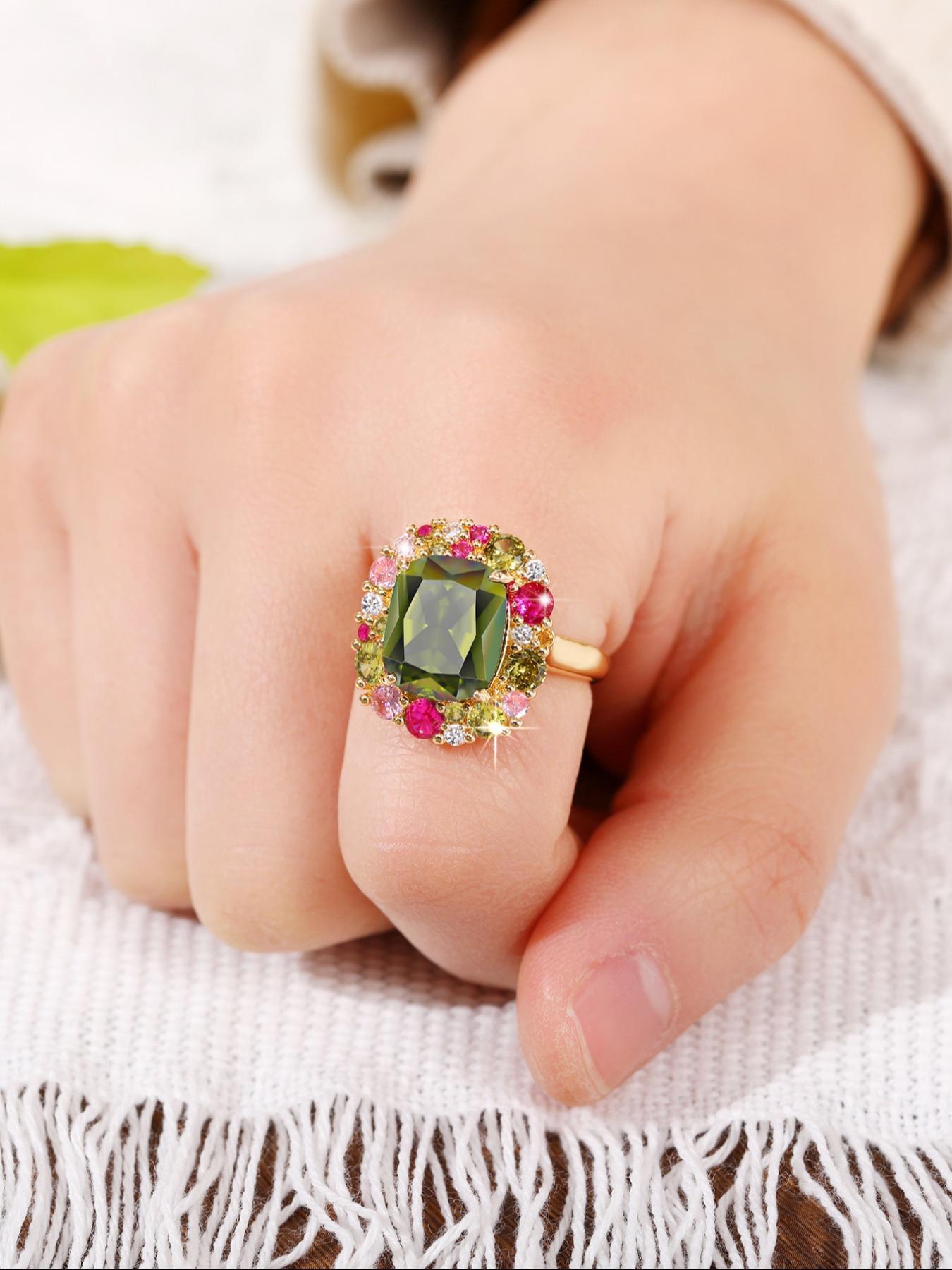 Artificial Zirconia Ring, Elegant Colorful Rhinestone Decorated Ring for Women for Party, Daily Clothing Decor, Trendy & Exquisite Wedding Party Jewelry Gift