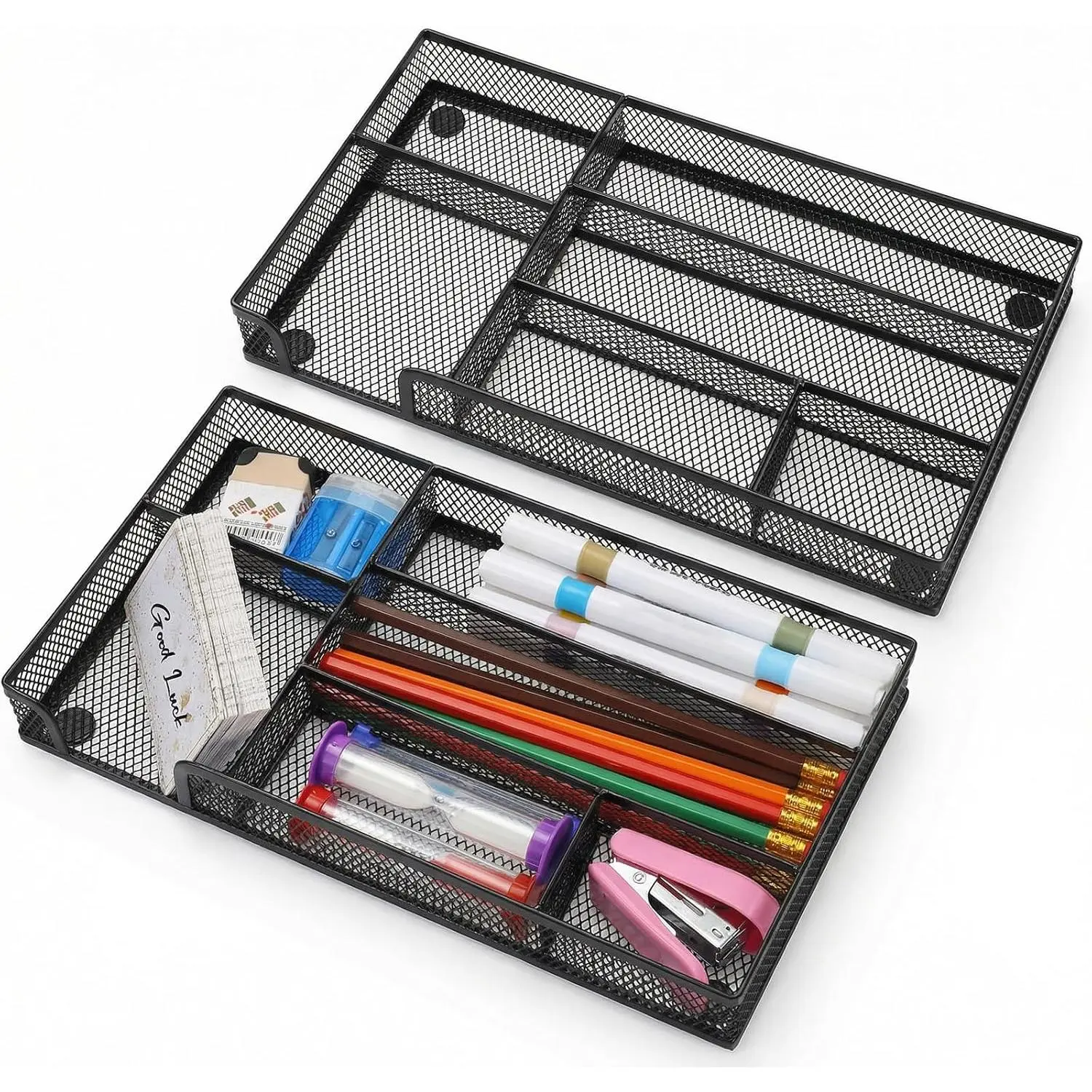 2 Pack Desk Drawer Organizer, Mesh Drawer Organizer Tray, 6-Compartment Metal Mesh Office Tray, Black
