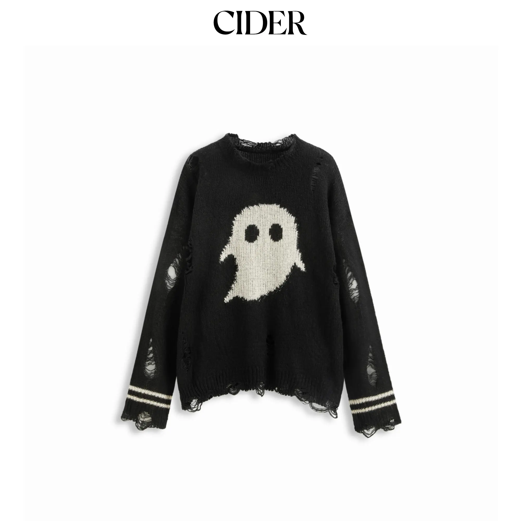 Cider Knit Ghost Pattern Stripe Ripped Oversized Top SohoChic