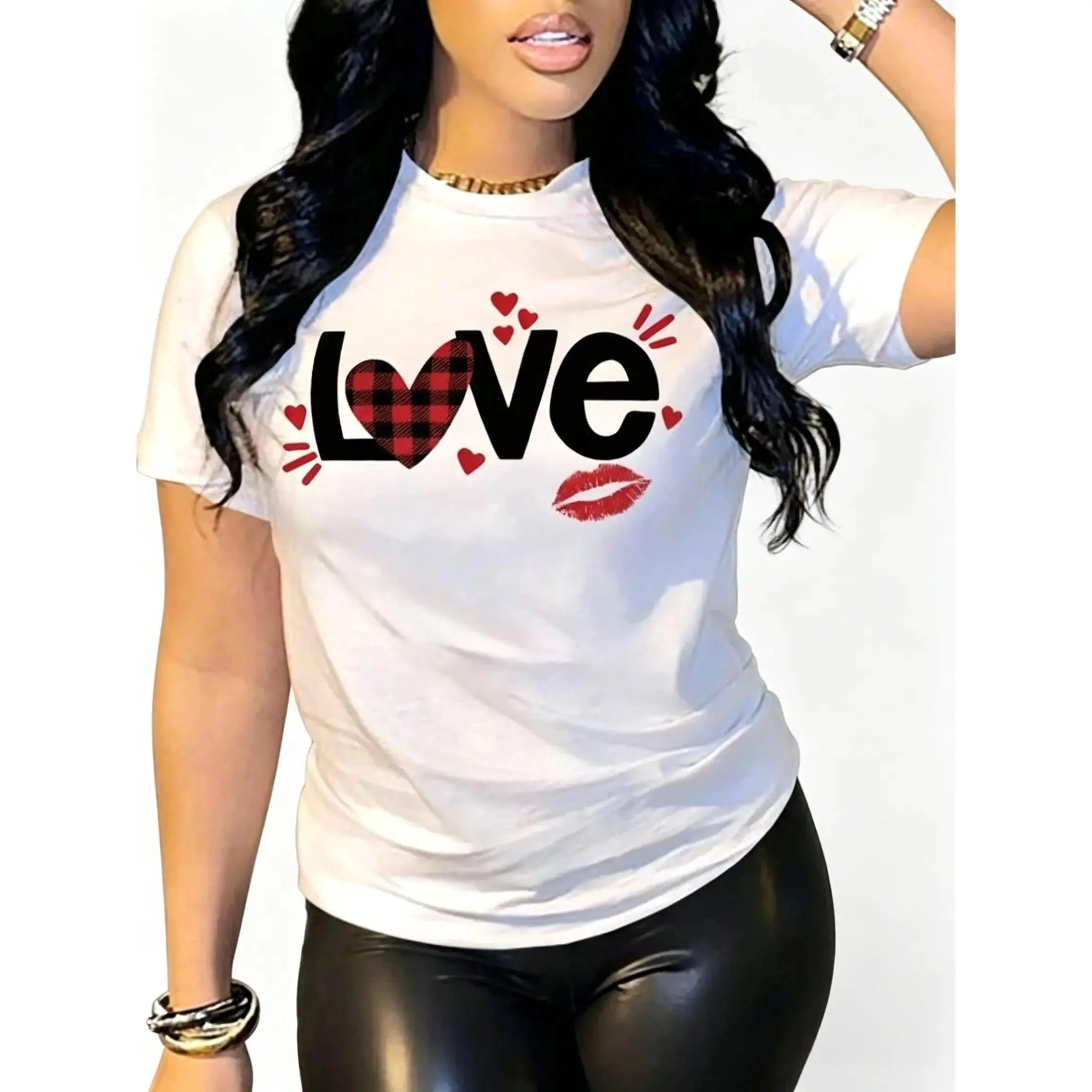 Women's Heart & Lip & Letter Print Round Neck Tee, Casual Short Sleeve Crew Neck T-shirt for Summer, Love Tshirt,Fashion Women's Top for Daily Wear, Cotton, Women's Clothes