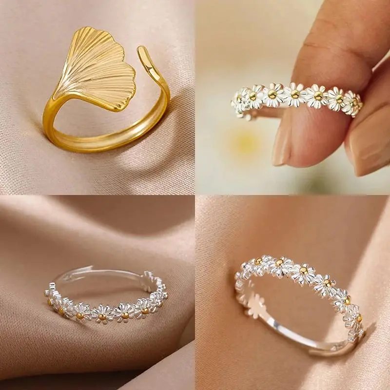 Vintage Daisy Rings For Women Cute Flower Ring Adjustable Open Cuff Wedding Engagement Rings Female Jewelry Bague