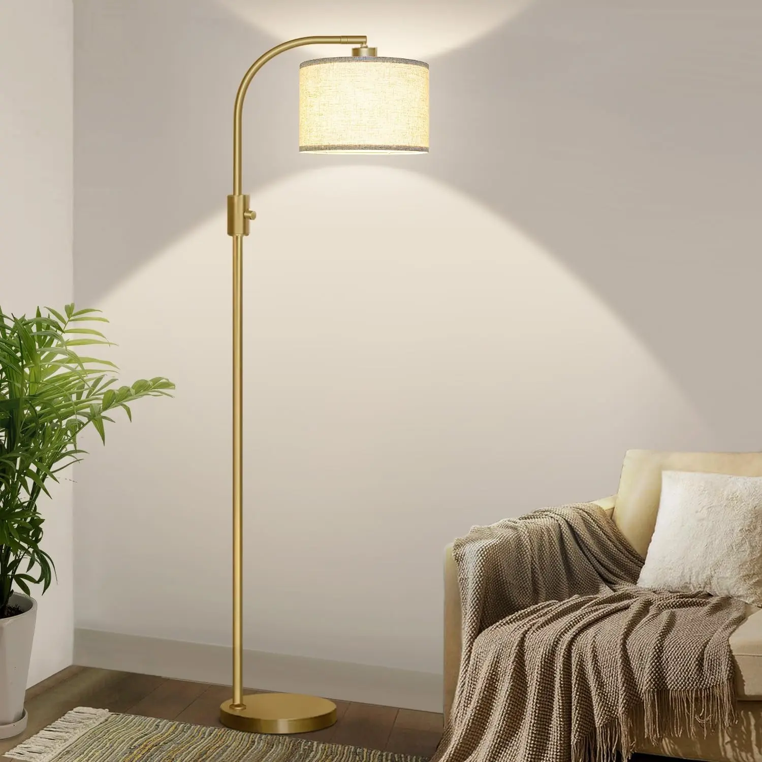 Modern Arc Dimmable Tall Standing Floor Lamp with Linen Shade, 1200 Lumens LED Bulb Included, for Living Room, Reading Room, Bedroom, Office & Nursery, Gold