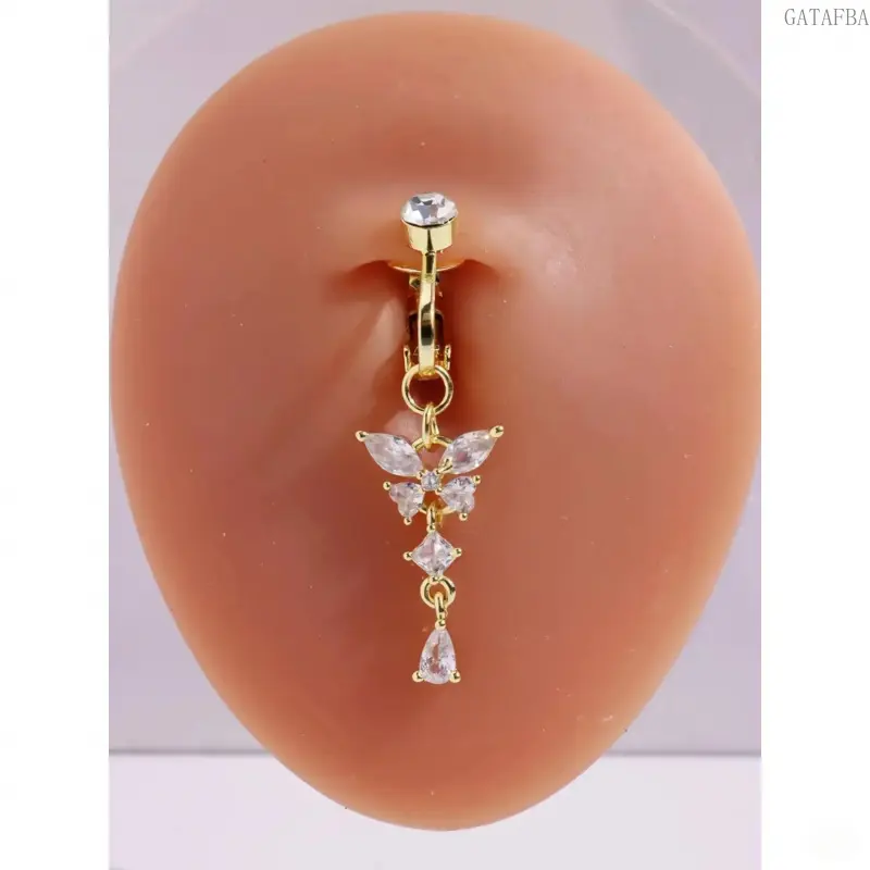 Women's 2Pcs Clip-On Belly Ring Body Jewelry, Stainless Steel Fake Piercings with Cubic Zirconia, Trendy Non-Piercing Navel Accessories for Sports & Outdoor Wear