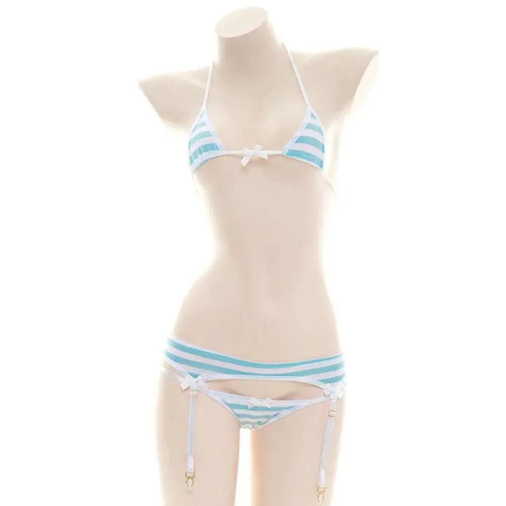 Women's 2-Piece Bralette Bikini Set - Strap, Striped, Breathable, Stretch, Bright Pattern, Anime-Inspired, Blue and White, for Beach, Home, Japanese Schoolgirl Cosplay, Bright Pattern Bikinis Set