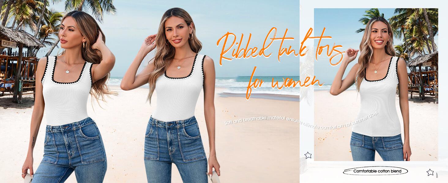 Yousify Women's Square Neck Tank Tops 2025 Summer Sleeveless Shirts Casual Slim Fitted Color Block Ribbed Tanks for Vacation Beach Home Workout Daily Wear