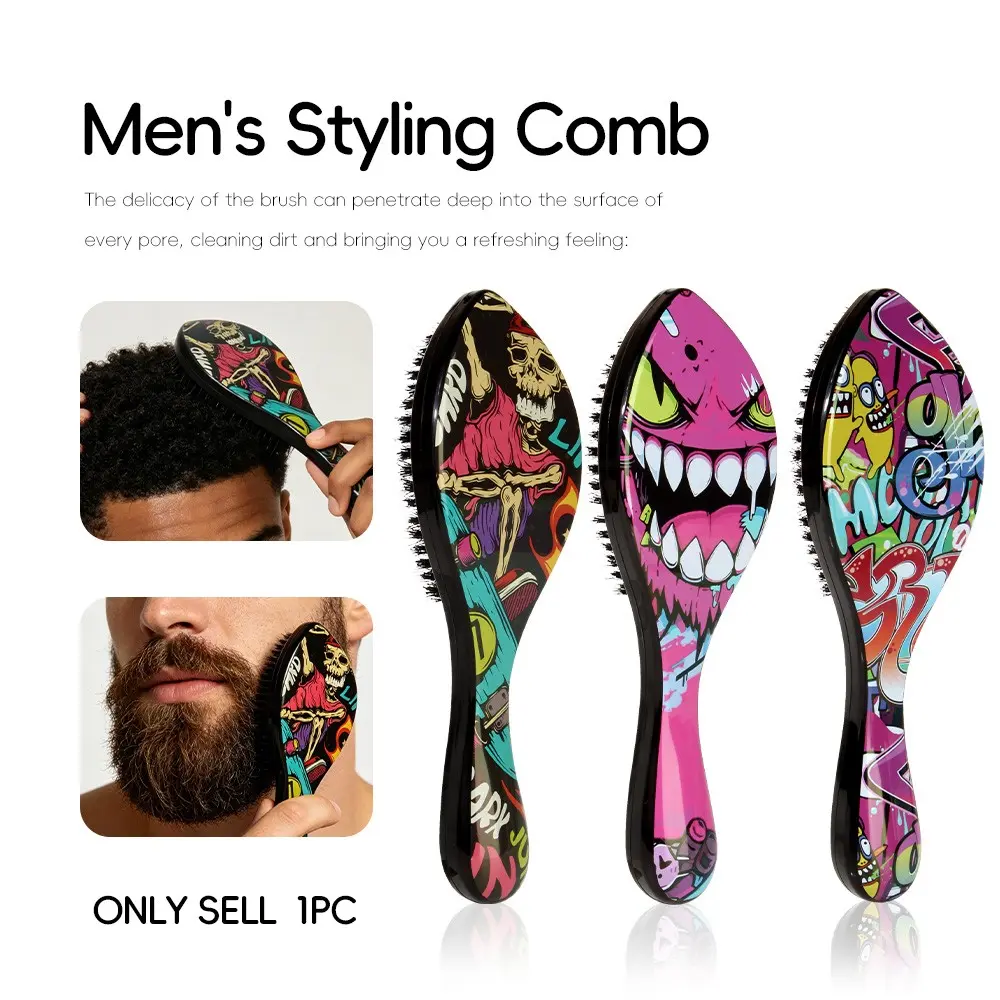 Graffiti Print Large Bent Boar Bristle Wave Brush, Ergonomic Handle, 360° Hair Styling Comb, Root Lifter, Barber Tool, Volumizer Brush