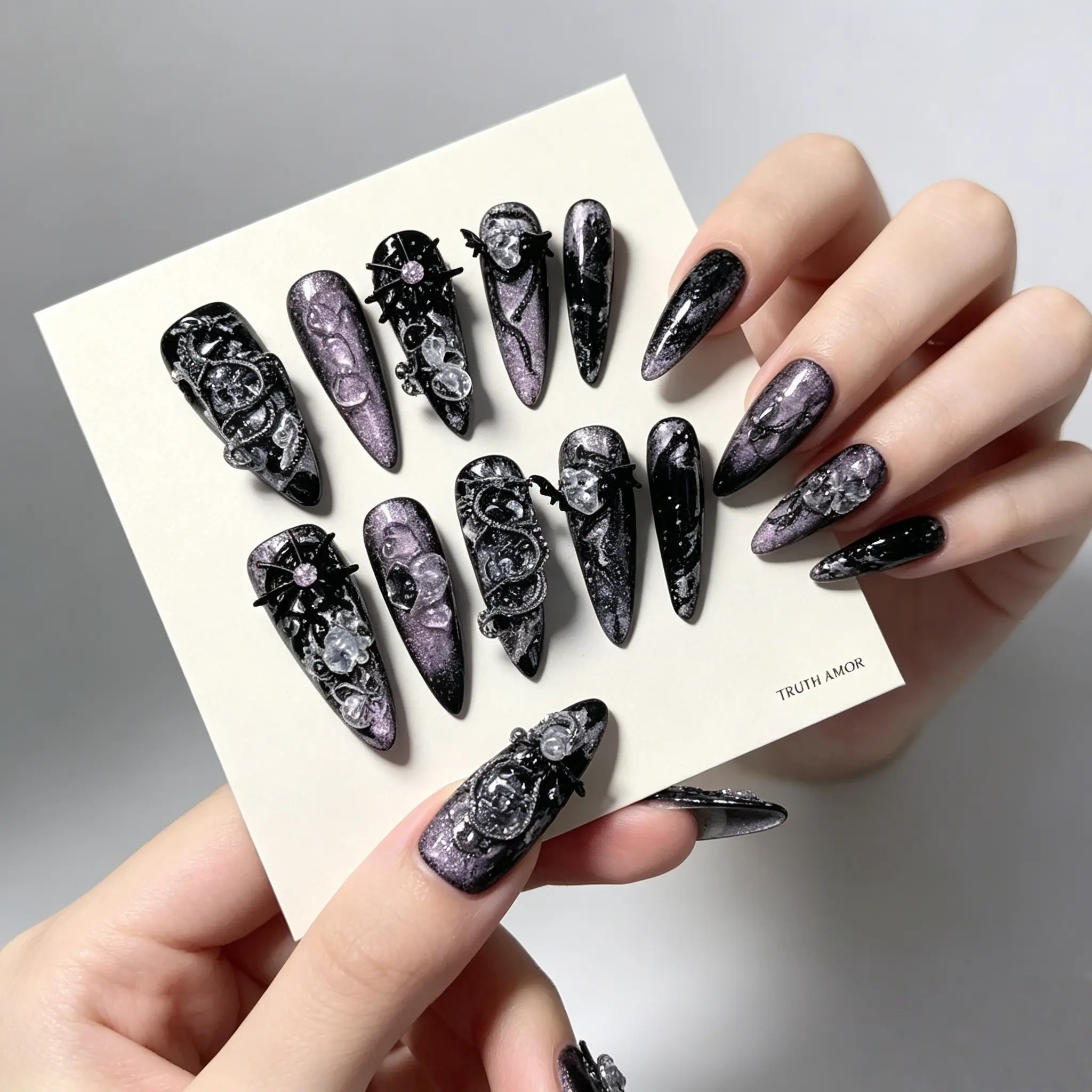 10Pack, TRUTH AMOR Handmade Gothic Manicure Trims, Extra Long Sharp Stiletto, Black Purple Glitter Gradient Base, Metallic Dragon Inlay & Clear Rhinestone Detail, Match Dark Daily & Club Outfit, Compact Nail Adornments