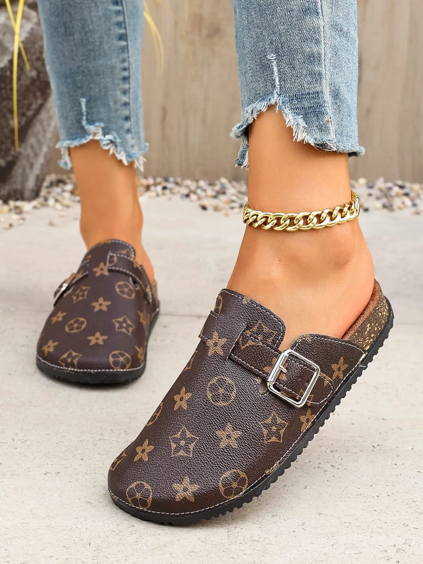 2026 Summer New Floral Print Square Toe Mule Sandals for Women, Soft Sole Anti-Slip Breathable Casual Walking Shoes, Retro Style Comfortable Flat Shoes