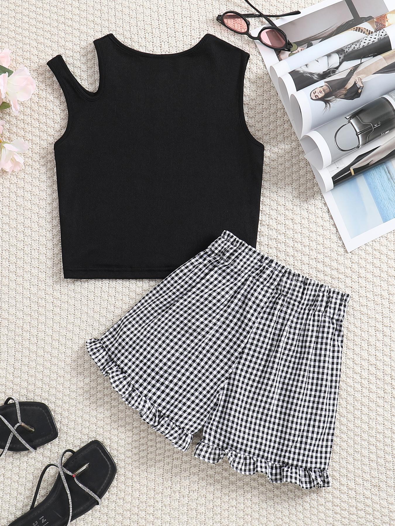 Girl's Plain Tank Top & Bow Decor Plaid Print Shorts Two-piece Set, Casual Sleeveless Top & Shorts Outfit for Daily Wear, Kids Summer Clothes, Clothing