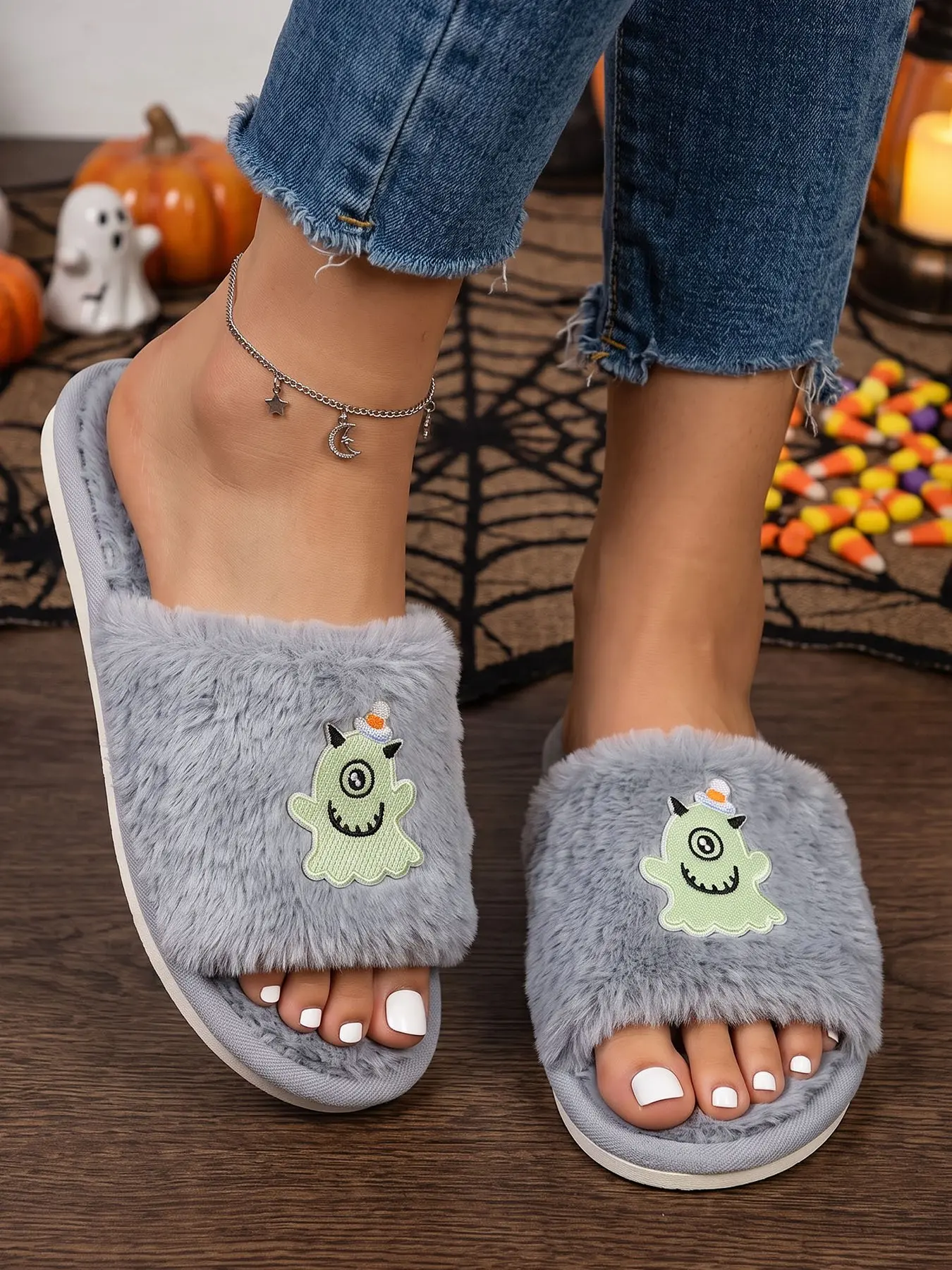 Women's Fall Winter Warm Plush Slippers, Cute Cartoon Monster Decor, Halloween Theme Indoor Sandals, Casual Comfort Shoes