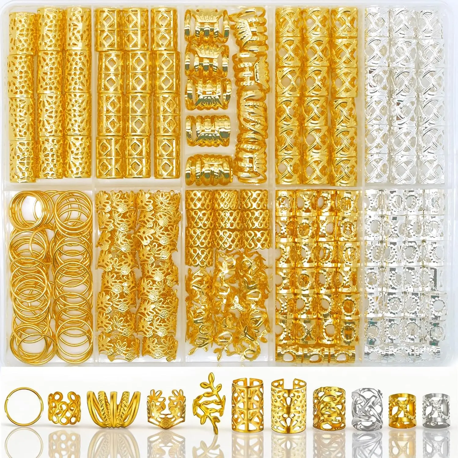 Women's 228-Pcs Gold and Silver Jewelry Hair Accessories Set - Adjustable Metal Cuffs, Adjustable Rings, Braid Charms, Ponytail Decorations for Dreadlocks Twists
