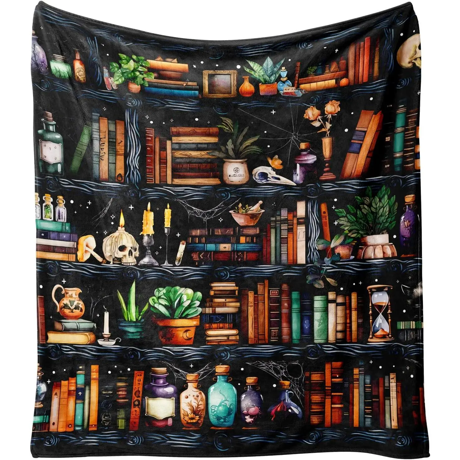 Book Lovers Blanket,Halloween Witches Bookshelf Skulls Black Cat Potions Fleece Blankets for Women Flannel Throw Blanket for Home Living Room Couch Bed Chair or Dorm Decor