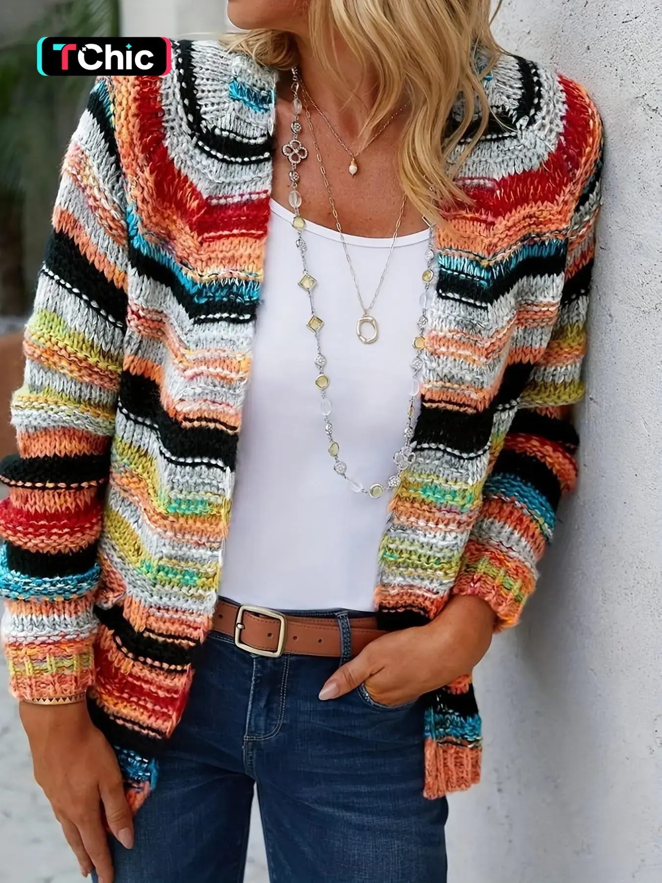 Women's Colorblock Stripes Print Open Front Long Sleeve Boho Cardigan Sweater, Casual Pocket Raglan Sleeve For Spring & Fall, Women's Knit Clothing For Daily Wear, Premium Fabric, Striped, Casual Chic Knitwear, Womenswear
