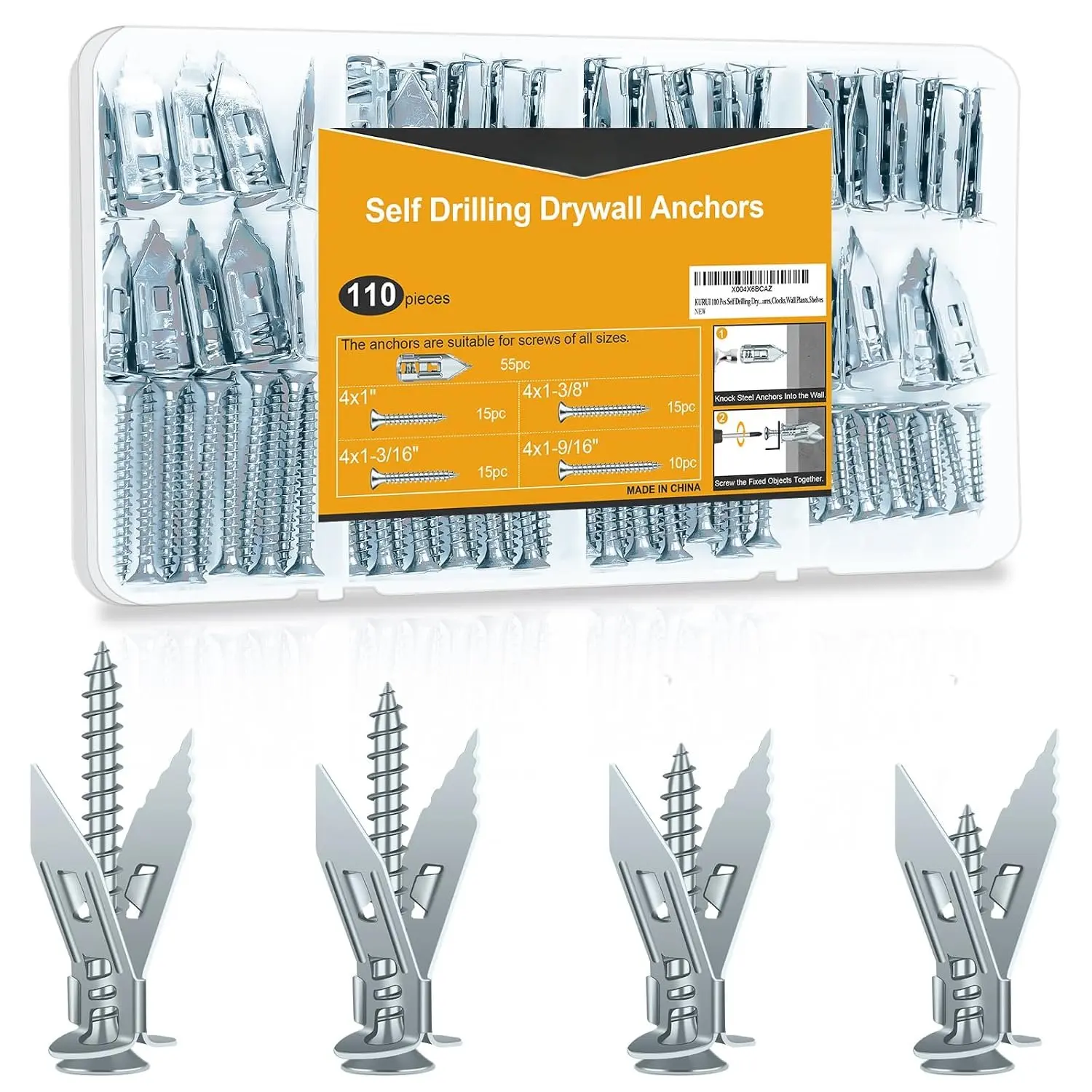 110 count Heavy Duty Metal Drywall Anchors and Screws Kit, Easy Self Drilling, Durable & Renter Friendly,  Anchors for Sheetrock,Hollow Wall,  Shelves,Mirrors,Wall Decor,Pictures