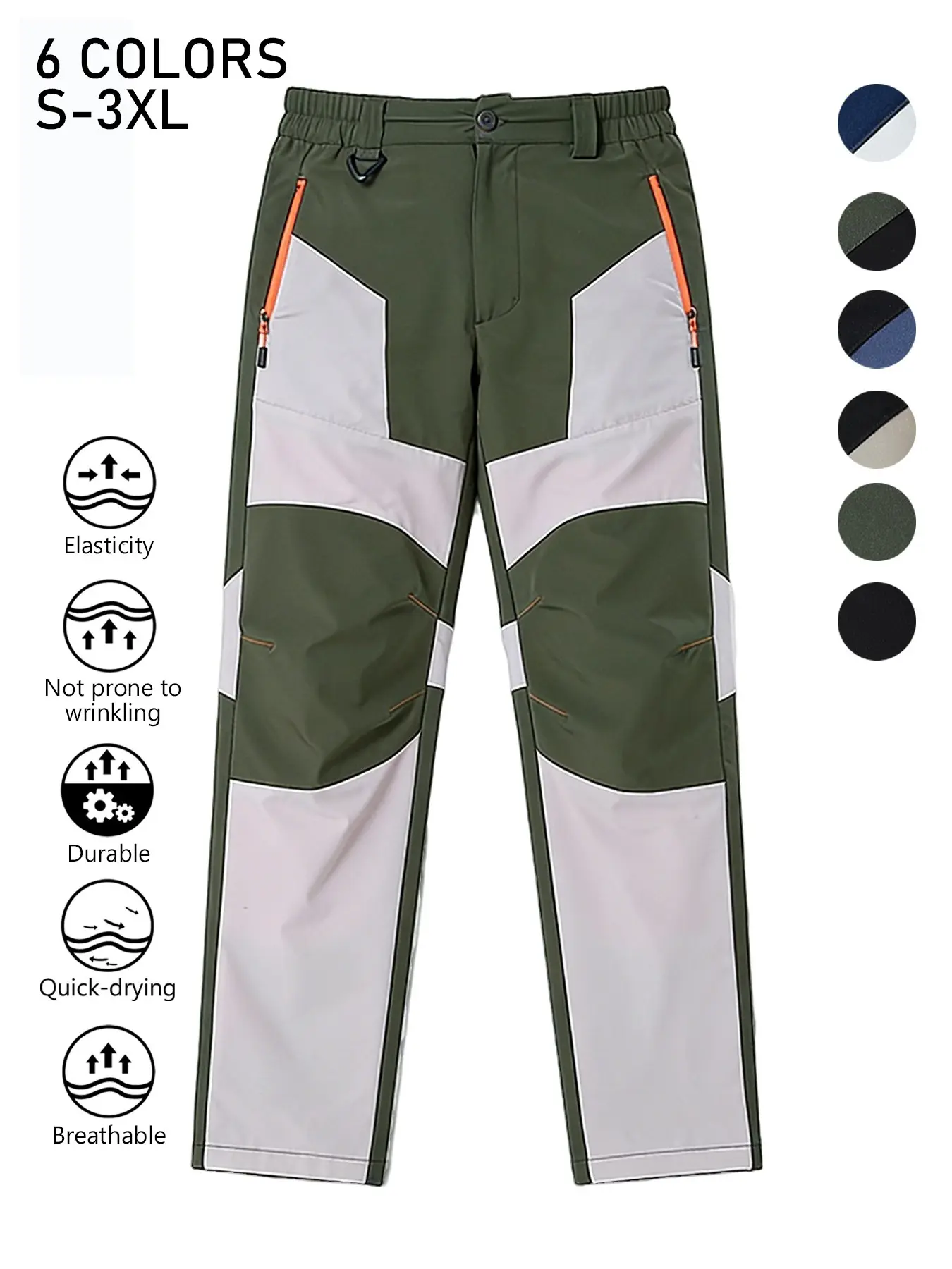 Men's Color Block Quick Dry Hiking Pants, Elastic Waist Breathable Stretch Outdoor Trekking Trousers, Wrinkle Resistant Durable Straight Pants with Zipper Pockets for Mountaineering Cycling Fishing Summer Sports Daily Wear, 6 Colors Available Sizes S-3XL