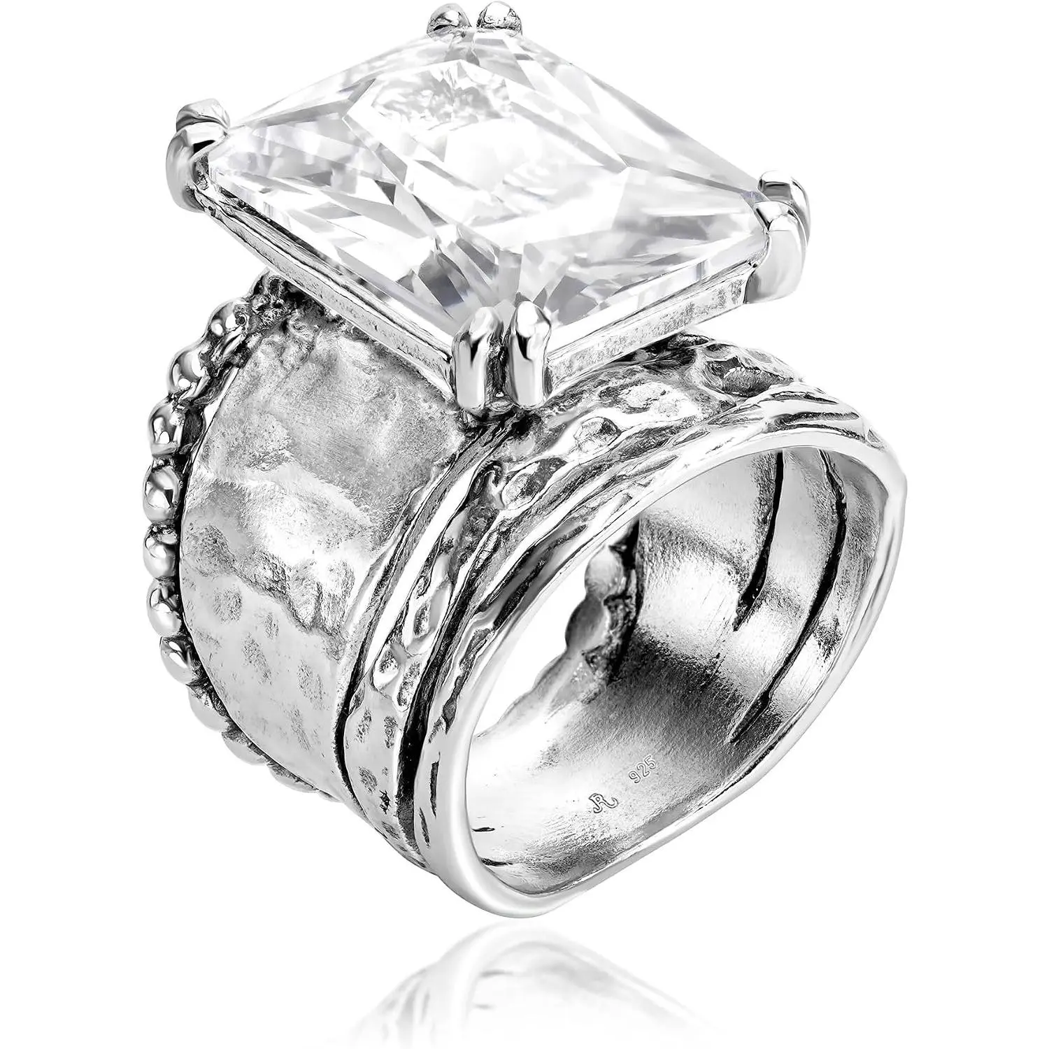 Women's 925 Sterling Silver Hammered Vintage Ring - Octagon Cubic Zirconia, Hypoallergenic, Lead & Nickel Free, Artisan Handcrafted Statement Costume Jewelry