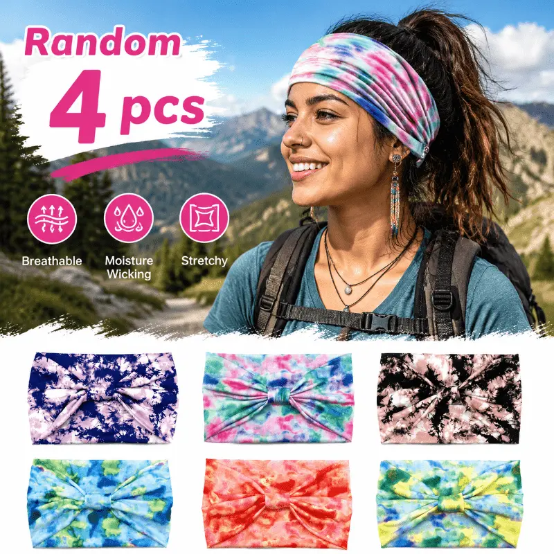 4 Pcs Women's African Style Tie Dye Printed Headband, Yoga Breathable Elastic Sports Fitness Wide Edge Sweat Absorbing Headband