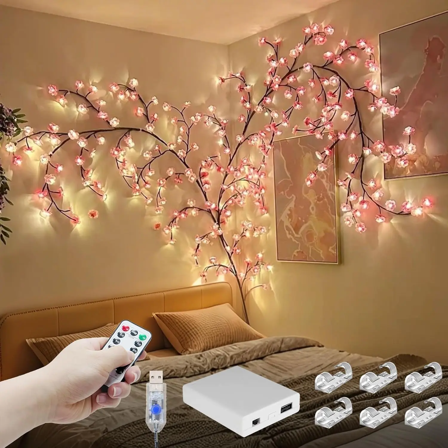 Cherry Enchanted Vine Lights, 6FT 96LED Pink Cherry Blossom Tree Branch Lights for Wall, Remote Timer,8 Light Model,Bedroom Wall Doors Wedding, Christmas, USB Battery Box