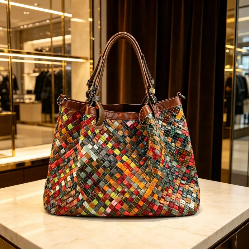 Women's Multicolor Patchwork Plaid Genuine Leather Tote Bag - Handmade Craft Bohemian Weave Satchel with Brown Trim, Detachable Crossbody Strap, Retro Ethnic Large Capacity, Zip Closure for Daily Commute, Travel, Messenger Bag Women