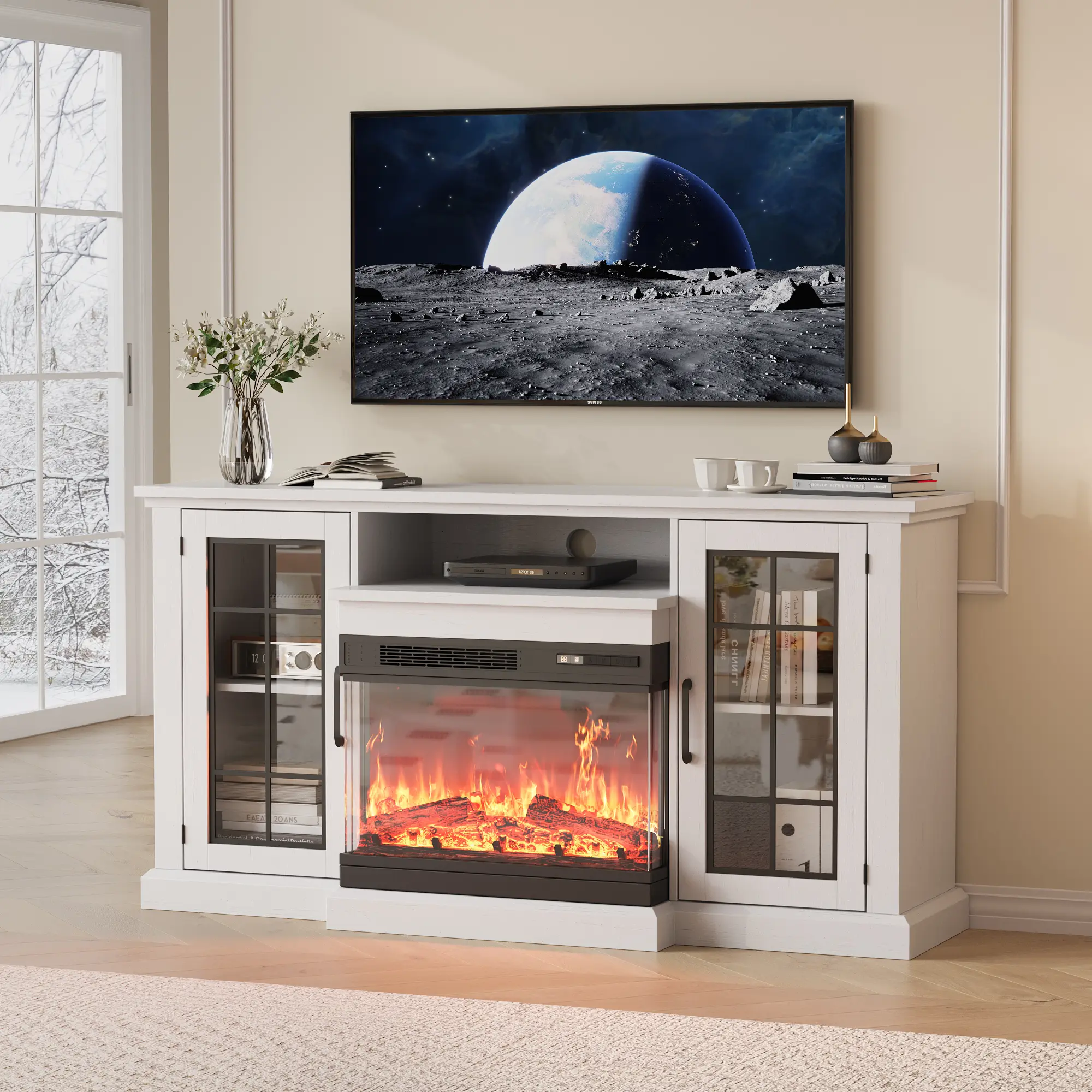Electric Fireplace TV Stand 75in Media Console Cabinet with 40in 3 Sided Glass Fireplace Insert 5000 BTU Heater 12 Flame Colors Entertainment Center White