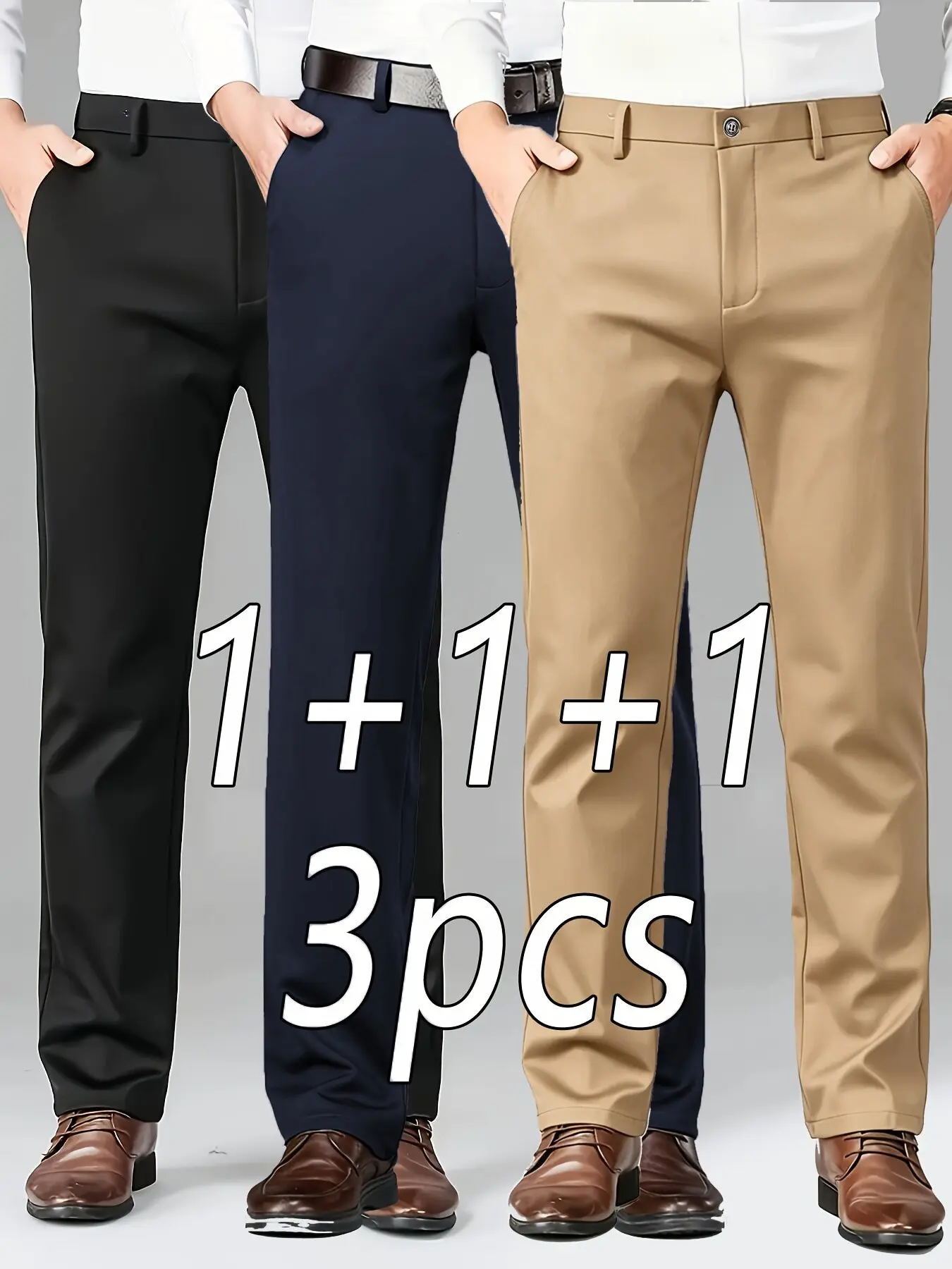 Men's 3-Pack Loose Straight Leg Elastic Solid Business Pants, Wrinkle-Resistant Comfortable Casual Everyday Workwear Office Wear, Fashionable Versatile Ankle-Length Trousers