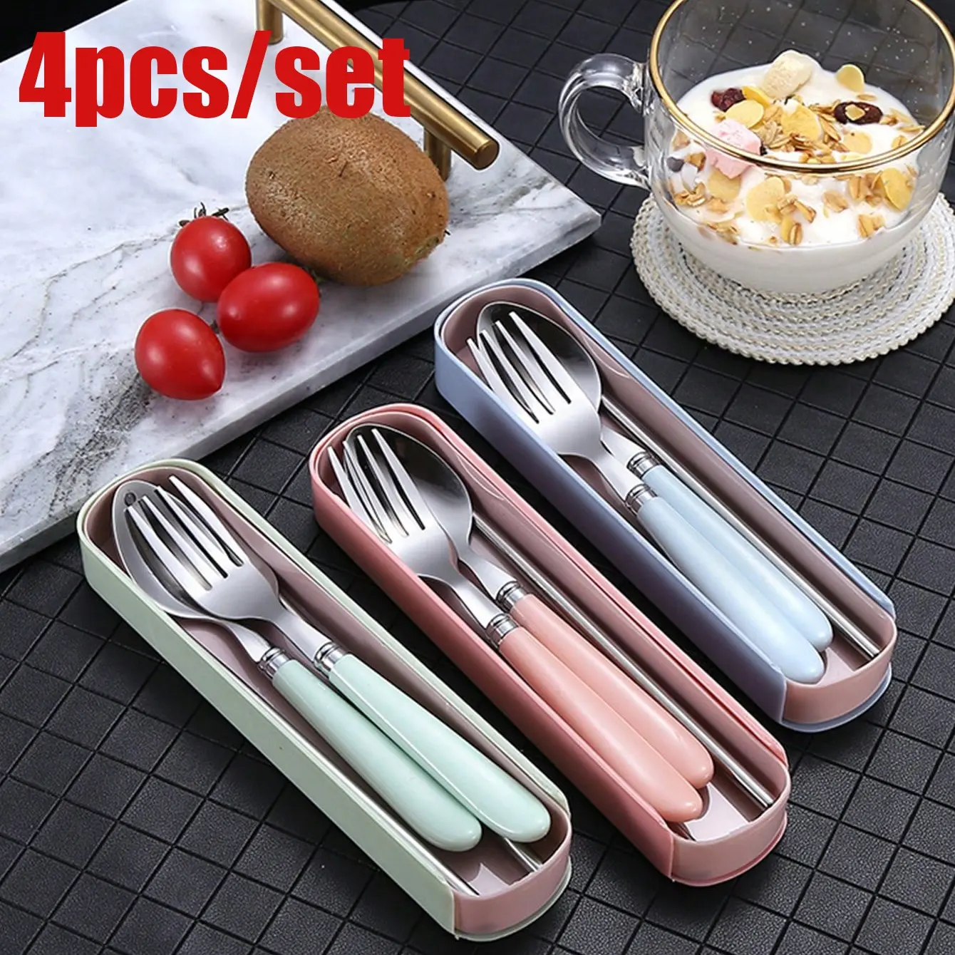 Reusable Travel Cutlery Set with Storage Box, Portable Plastic Fork Spoon Knife, Camping Dining Utensils, Outdoor Picnic, Kitchen Tools, Camping Kitchenware