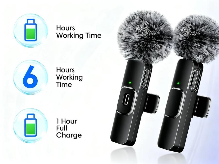 2-Pack Cordless Mics – Omnidirectional Condenser, Fits iOS & Android | Professional for Video, Podcast, YouTube | Rechargeable, Noise-Canceling