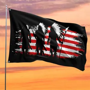 Native American Warrior Silhouette Flag, Distressed USA Banner with Indigenous Chiefs and American Flag Stripes, Perfect for Cultural Heritage Yard Home Decor, Weather Resistant 2x3ft 3x5ft Flag