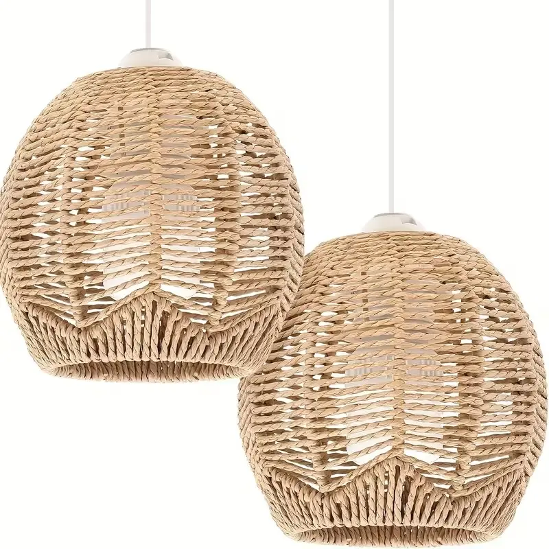 Bohemian Style Woven Rattan Pendant Light Shade, Boho Rattan Lampshade, Decorative Art Lampshade for Home Restaurant Cafe Tea Shop, No Power Needed