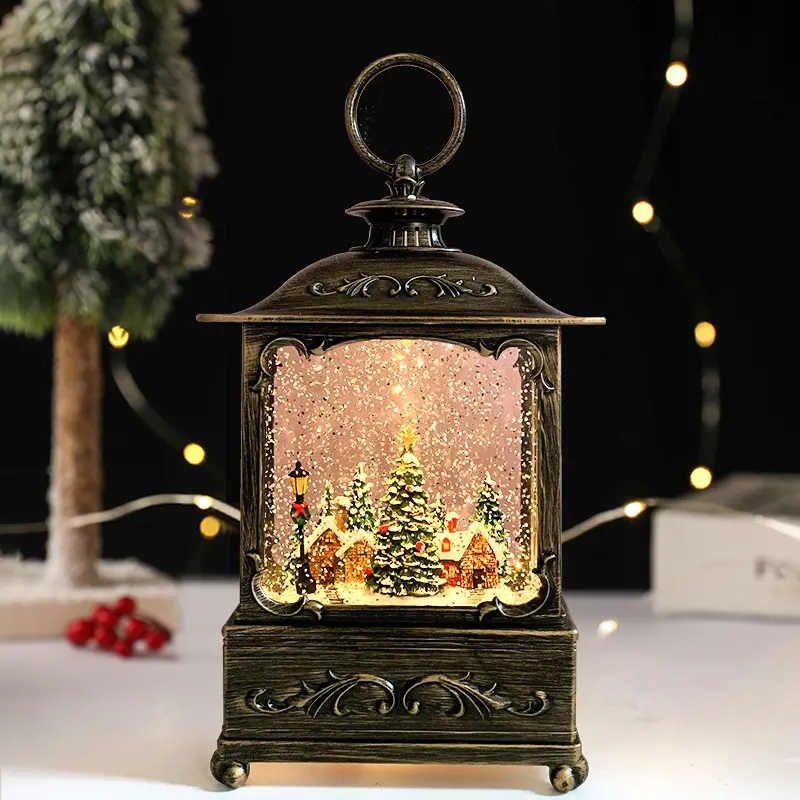 Christmas Snow Globe Lantern with Music & Lights, Swirling Snow Christmas Decor, Vintage Holiday Tabletop Decoration for Mantel, Home & Gift