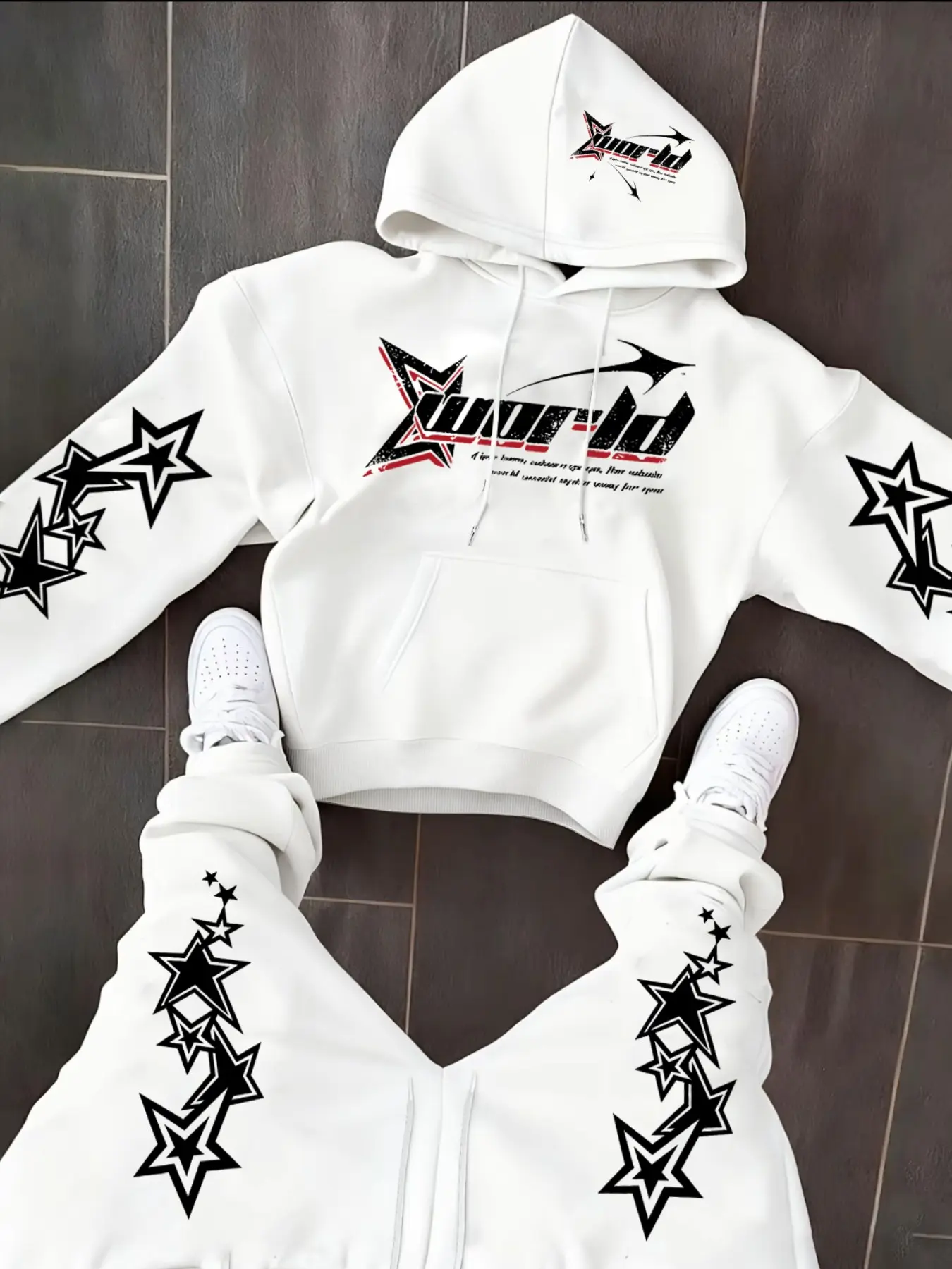 Men's Trendy Versatile Set, Letter Star Pattern Print Long Sleeves Hoodie + Outdoor Drawstring Pants, Fashion Casual Outdoor Suit