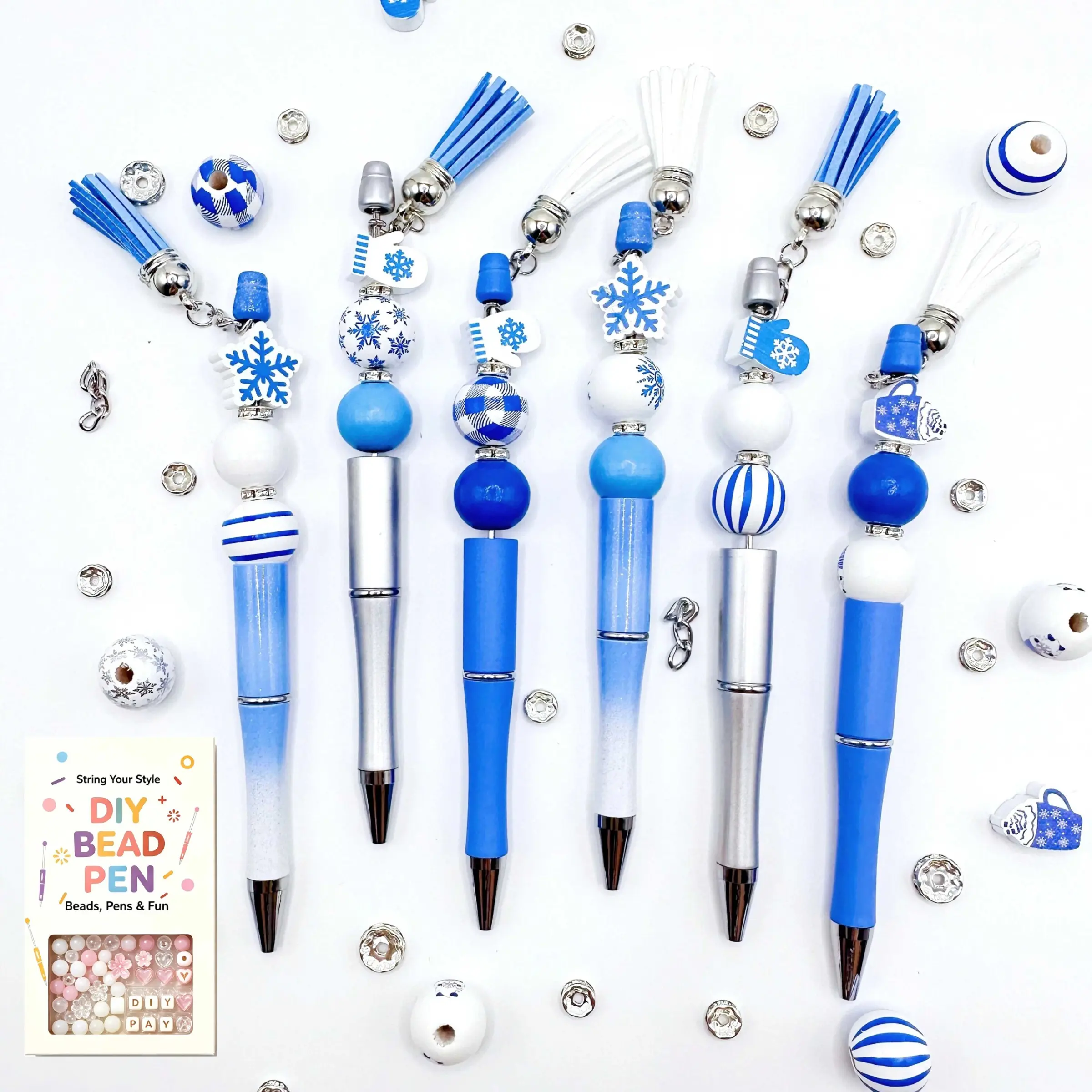 6 Pack Winter Snowflake DIY Beadable Pen Gift Box Set, Beaded Pens, Beaded Ballpoint Pen Craft Kit with Blue White Beads, Spacer Beads, Tassels, Snow Glove Mug Charms & Chain Accessories, Winter Holiday Party Favor Gifts for Teens Adults Office School Sta