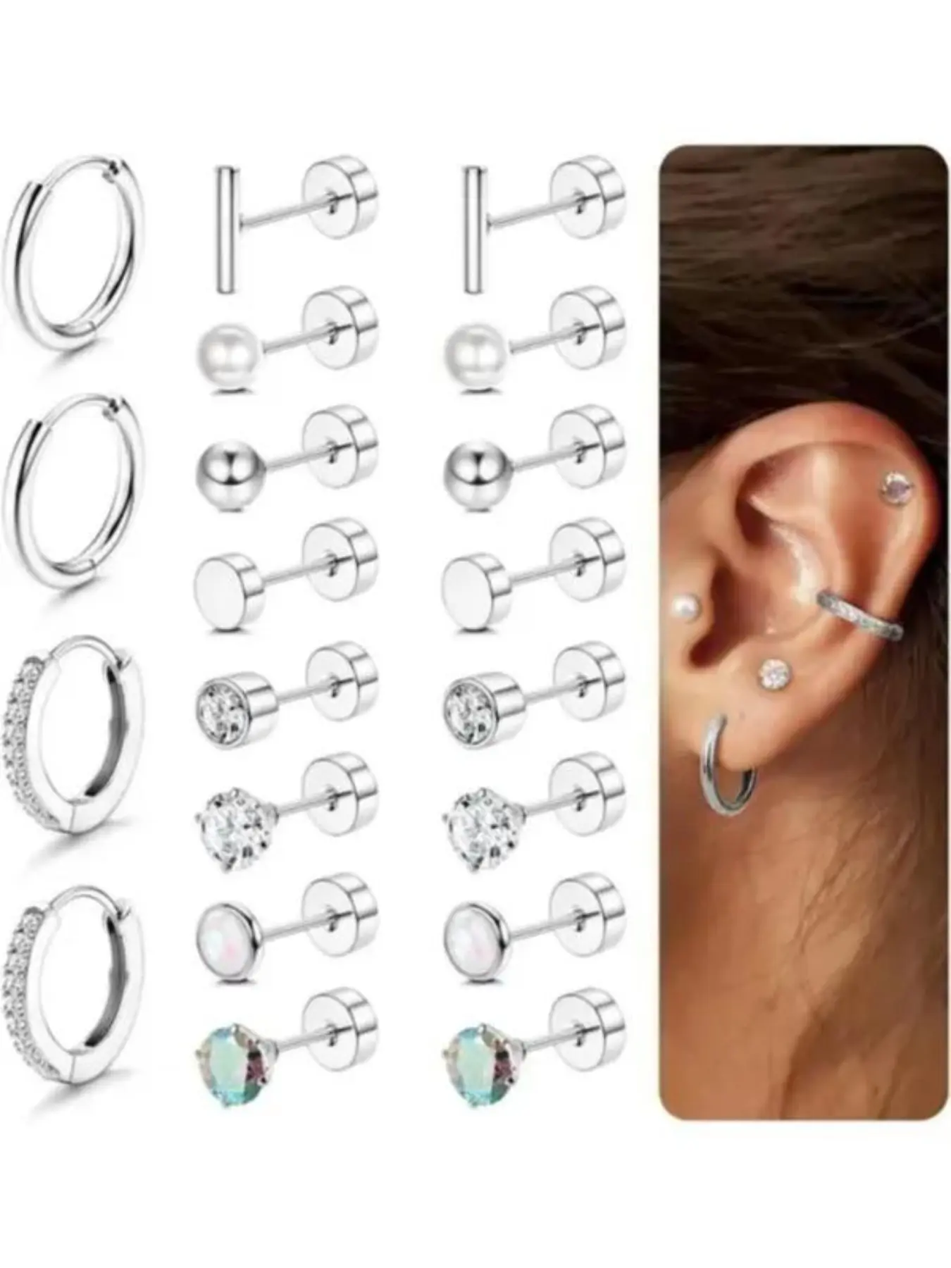 Hypoallergenic stud earrings, suitable for sensitive ears, 20g flat medical steel studs, small silver earrings, unisex set, niche fashion stud earrings, hoops, and jewelry accessories