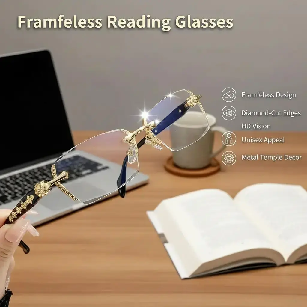 Anti Blue Light Rimless Reading Glasses non-prescription glasses Fashion Women Men Diamond Cut Edge Presbyopic Eyeglasses Anti-fatigue Eyewear Anti UV Ray Computer Gaming Glasses Blue Blockers for Daily Eyewear