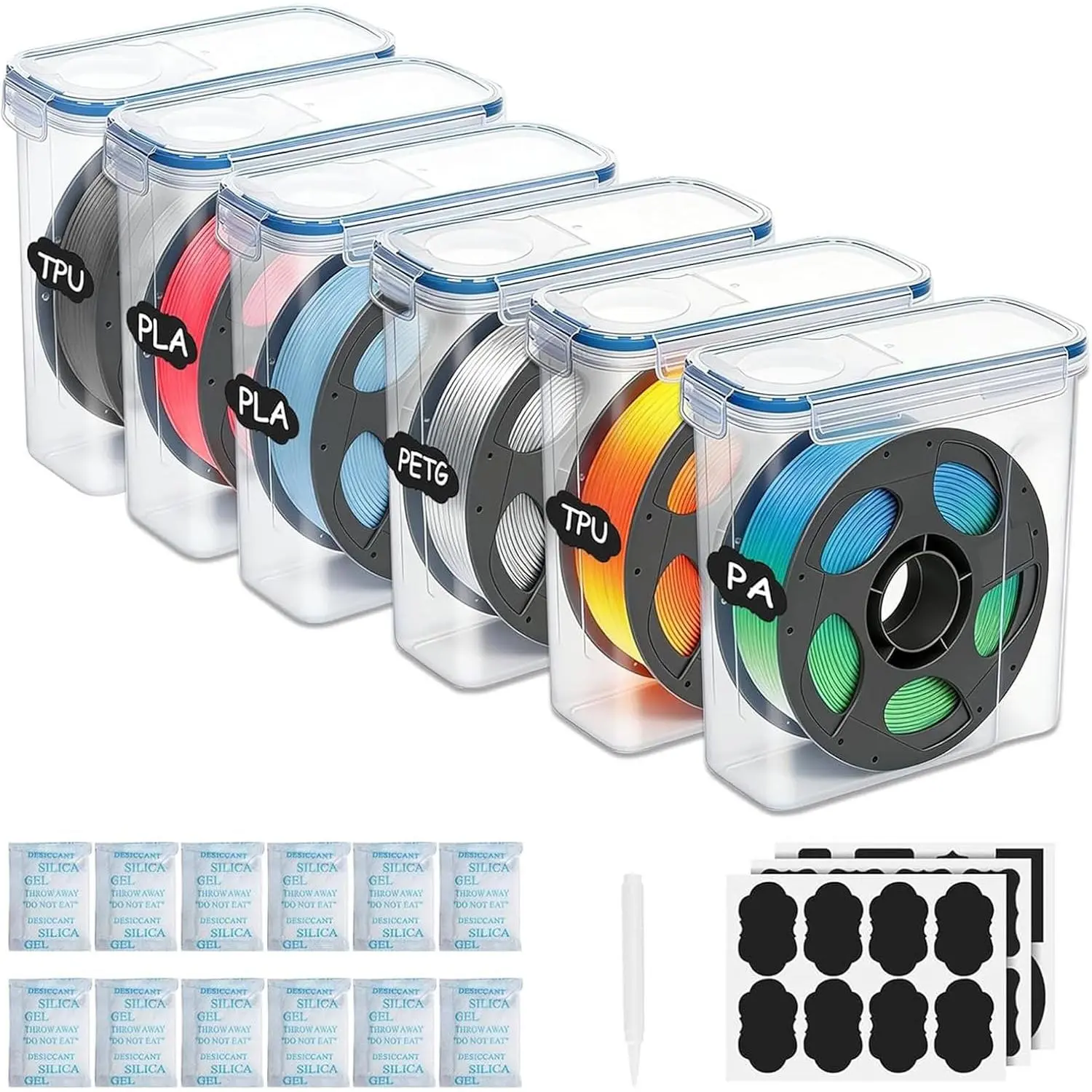 Filament Storage Box - 6 Pack Filament Storage Container for 3D Printing Filaments, Portable Filament Storage with Desiccants and Label Water-Proof Dust-Proof for 1.75mm Filament