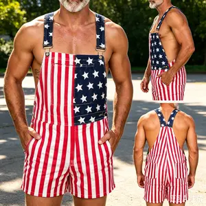 Unisex American Flag Print Bib Short Overalls Made Of Soft Stretchy Breathable Fabric, Summer Daily Streetwear For Independence Day Parades, Holiday Parties And Casual Daily Trips