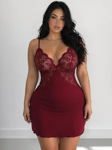 Plus Size Sexy Thin Strap Nightgown, Fashion Patchwork Lace Pajamas, Comfortable Breathable Fabric, Ideal for Daily Wear, Nightwear