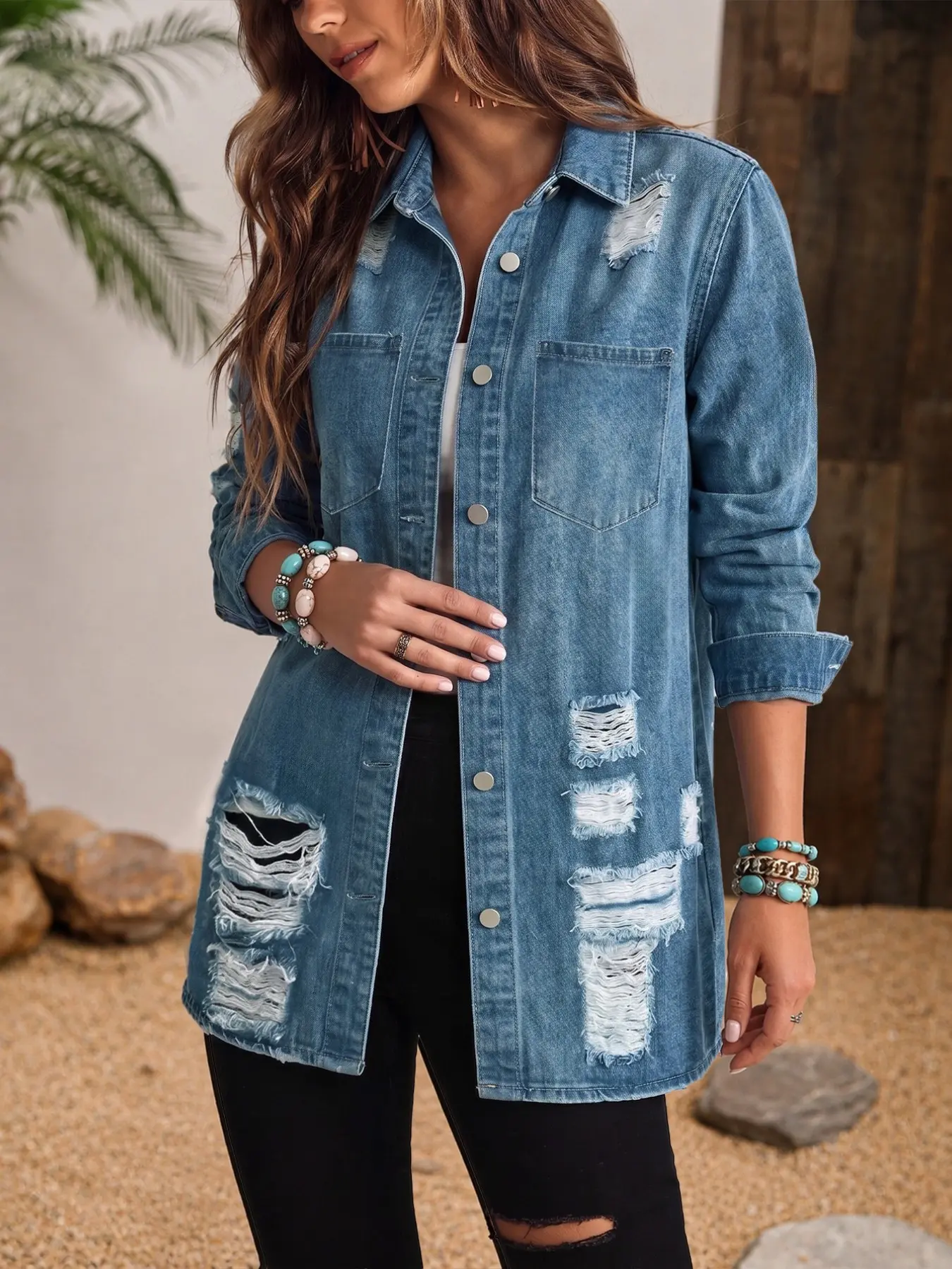 Women's Light Wash Ripped Collared Denim Shacket, Relaxed Oversized Long Sleeve Roll Sleeve, Button Down Jean Jacket, Dual Chest Pockets, Casual Shirt Coat