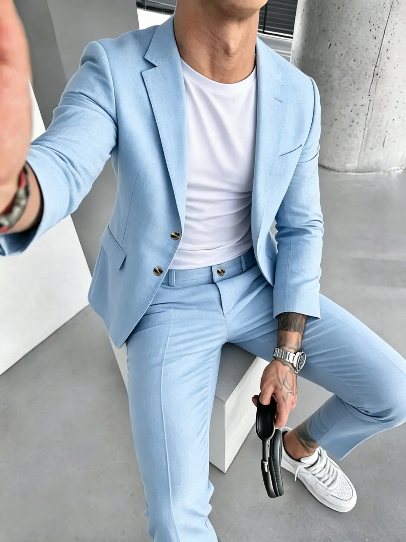 Men's Casual Blazer Set, Breathable Comfort Fabric, Plain Design, Suitable for All Seasons, High-Quality Business & Leisure Wear, Breathable Suits