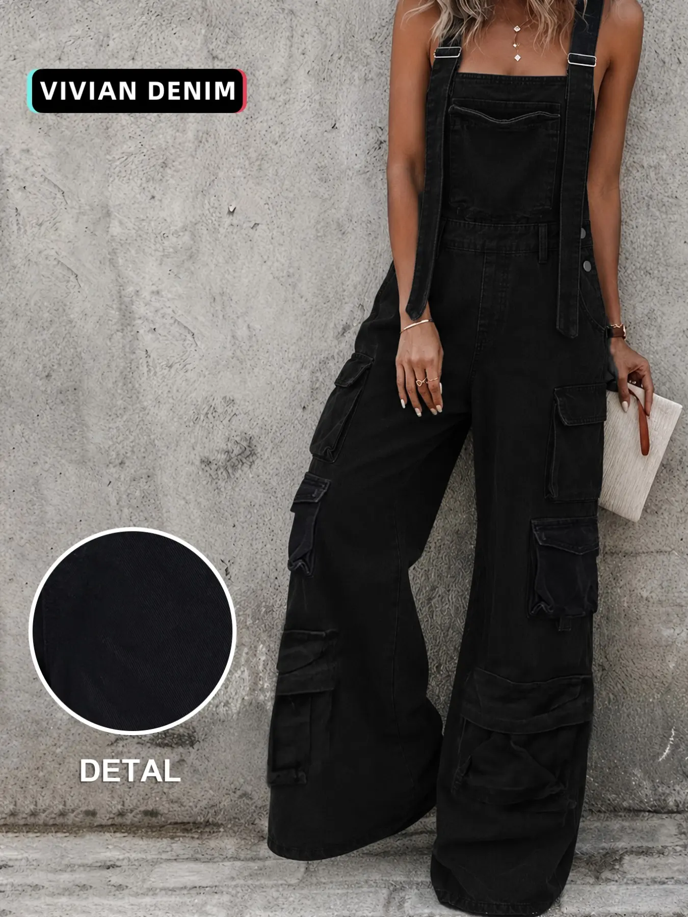 Women Vintage Denim Cargo Bib Overalls, Adjustable Shoulder Straps, Multi Flap Pockets, Wide Leg Baggy Jean Jumpsuit, Y2K Streetwear