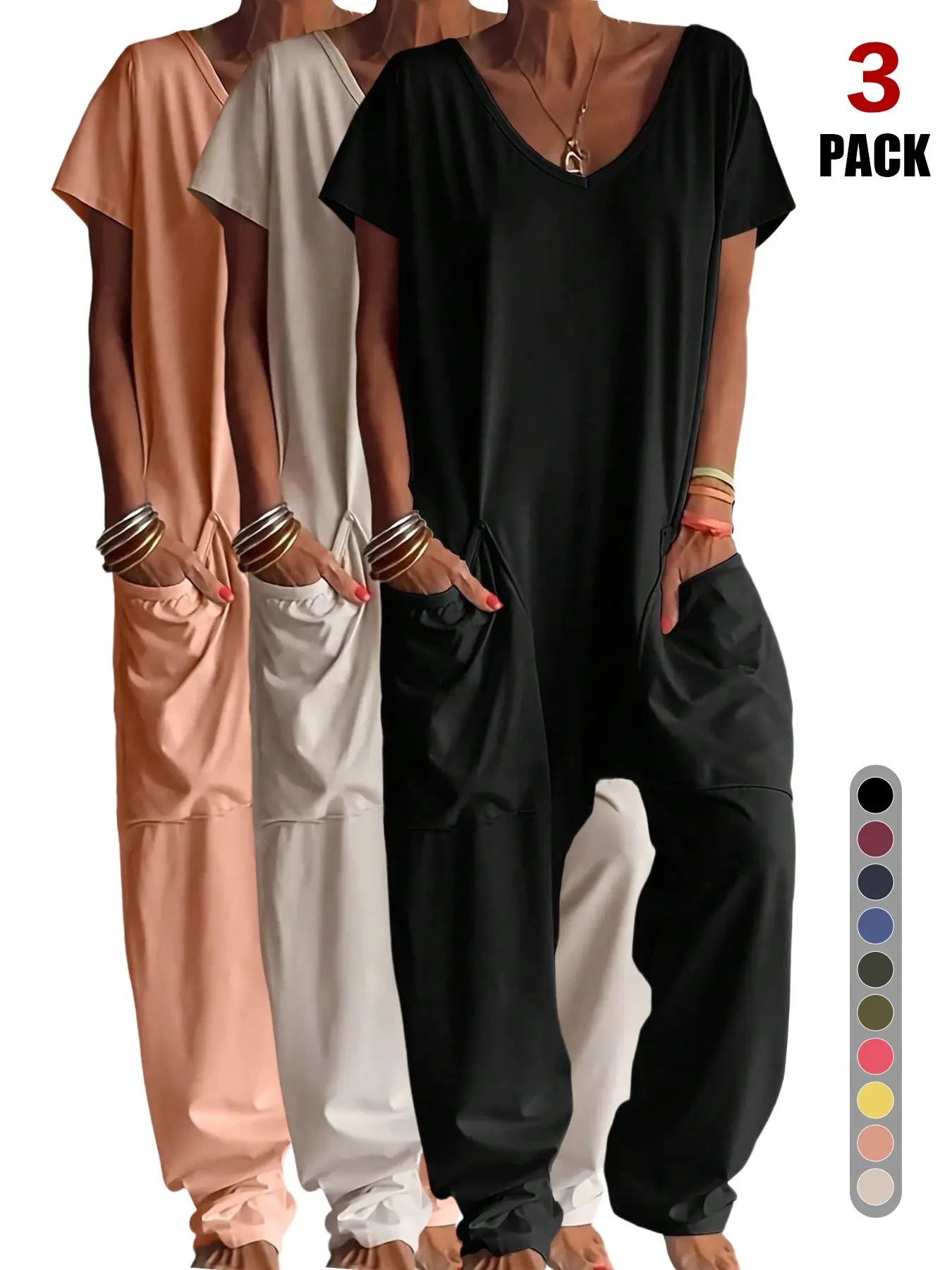 2026 Fall Coastal Grandma 3 Pack V Neck Jumpsuit, Short Sleeve Pocket Harem, Organic Fabric, Casual Style, All Seasons Wear