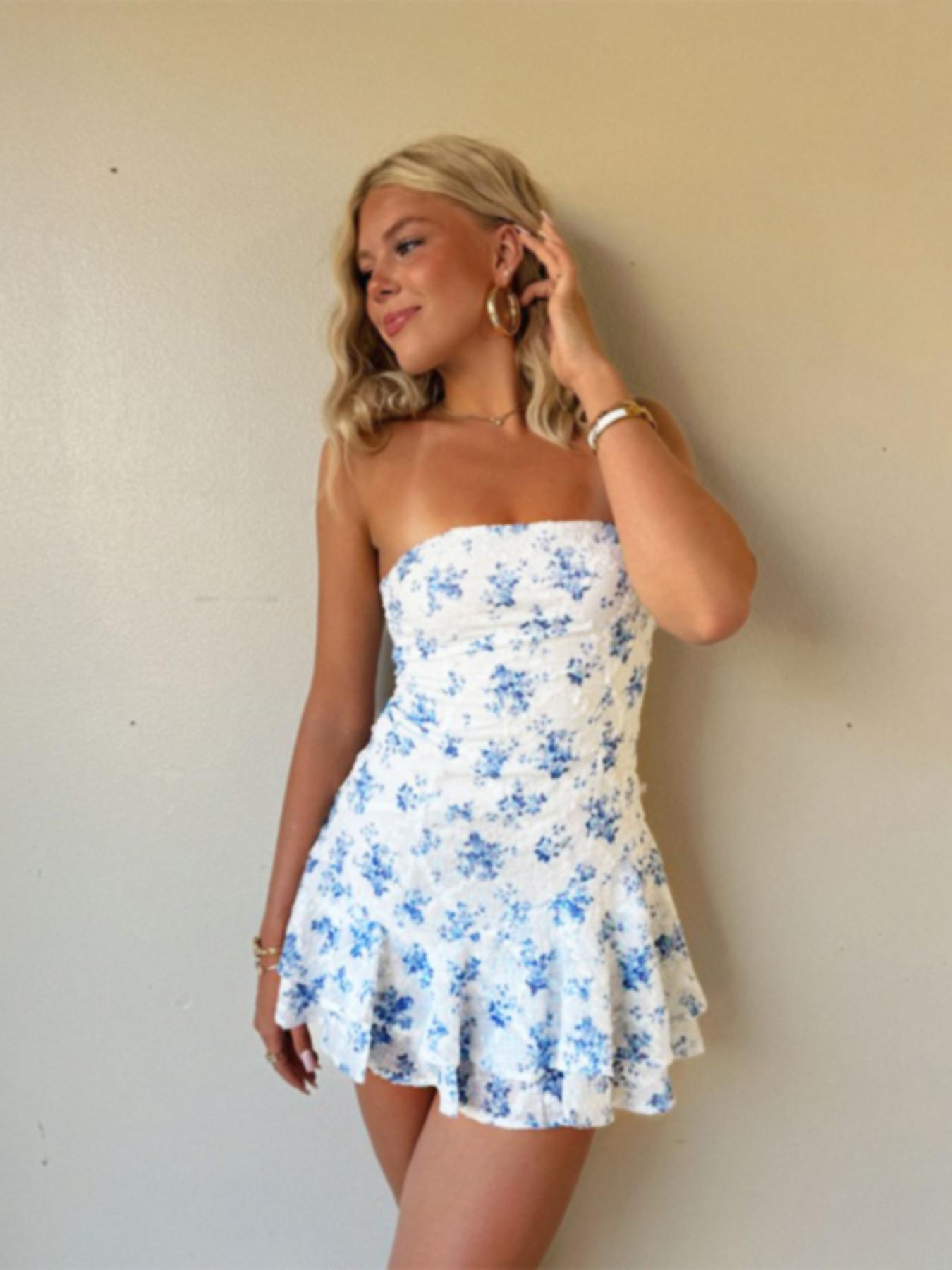 Women's Floral Print Tube Dress, Feminine Fashion Casual Strapless A Line Dress for Daily Outdoor Wear, Ladies Dress for Summer Womenswear