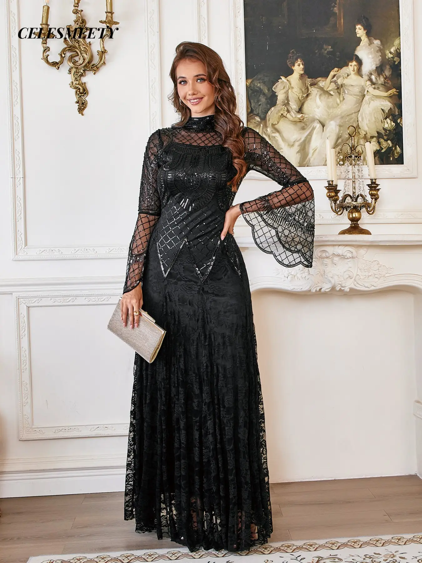 Celesmeety Spring 2026 Women's Floral Slim Fit Long Dress, Elegant Mesh Long Sleeve Formal Wedding Guest Evening Gown, Fashionable and Comfortable