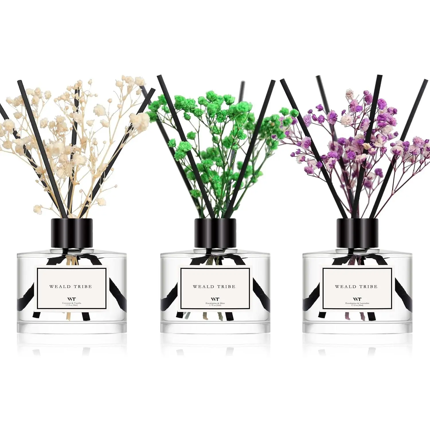 Flower Reed Diffuser Set of 3 for Bathroom Air Fresheners Shelf Decor, Eucalyptus & Lavender/Coconut & Vanilla/Eucalyptus & Mint Scent(1.7 fl oz/Pack)| Sticks Defusers Essential Oils Home Fragrance