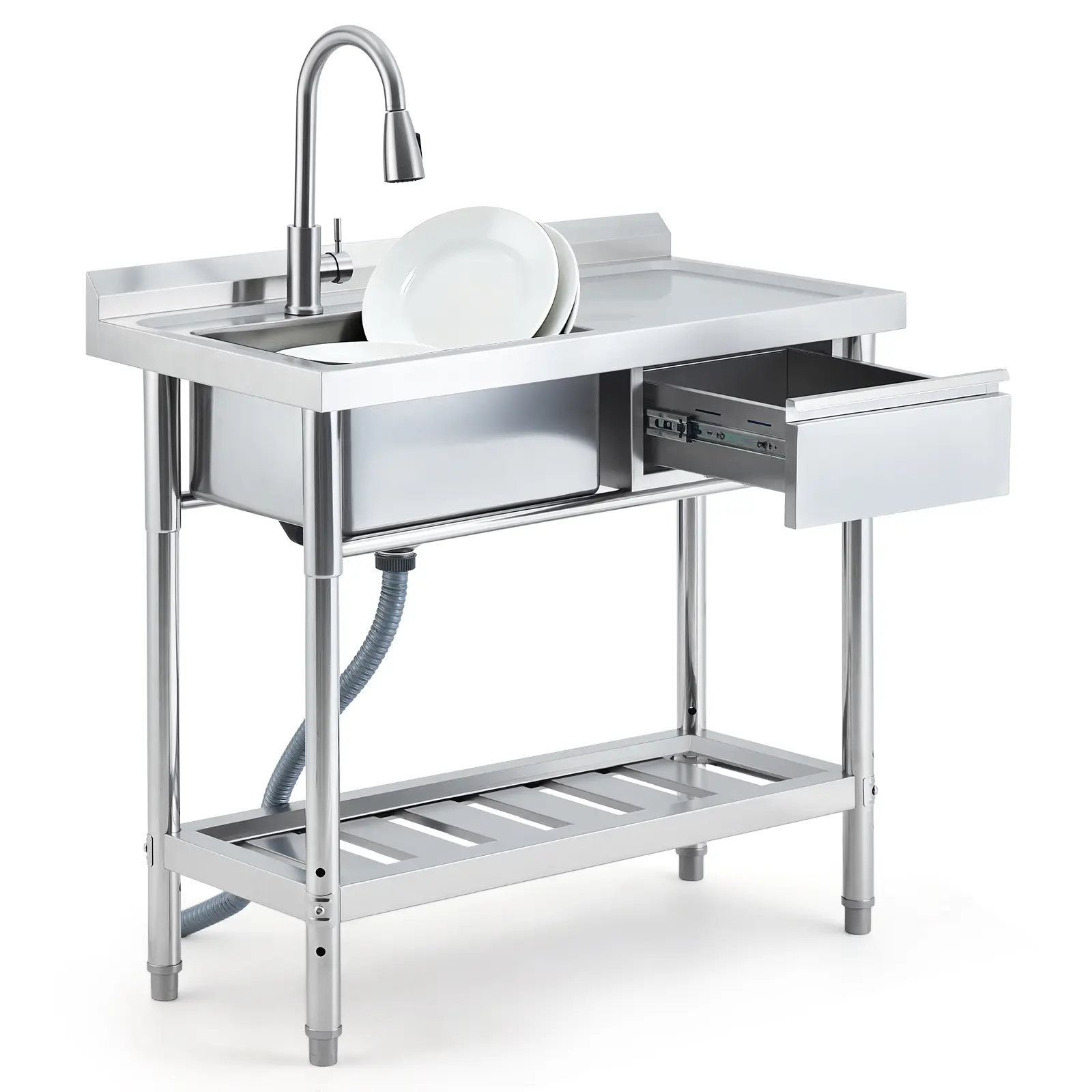 Stainless Steel Utility Basin with Workbench & Drawer – Freestanding Single Bowl Laundry Basin – Pull-Out Faucet, Hot & Cold Water Pipes – Ideal for Garage, Basement, Outdoor, Farmhouse