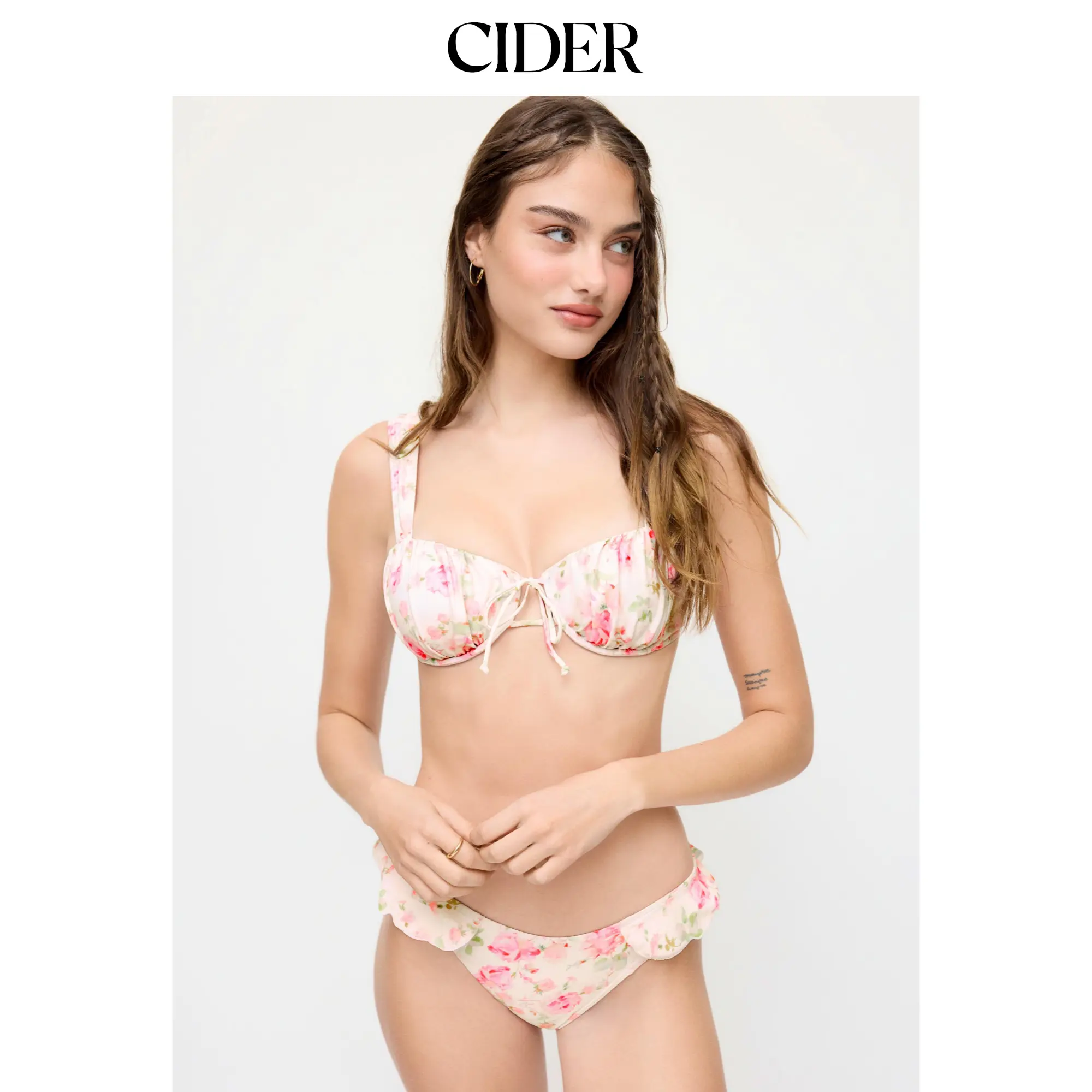 Cider Sweetheart Neck Floral Ruched Underwire Cheeky Bikini Set