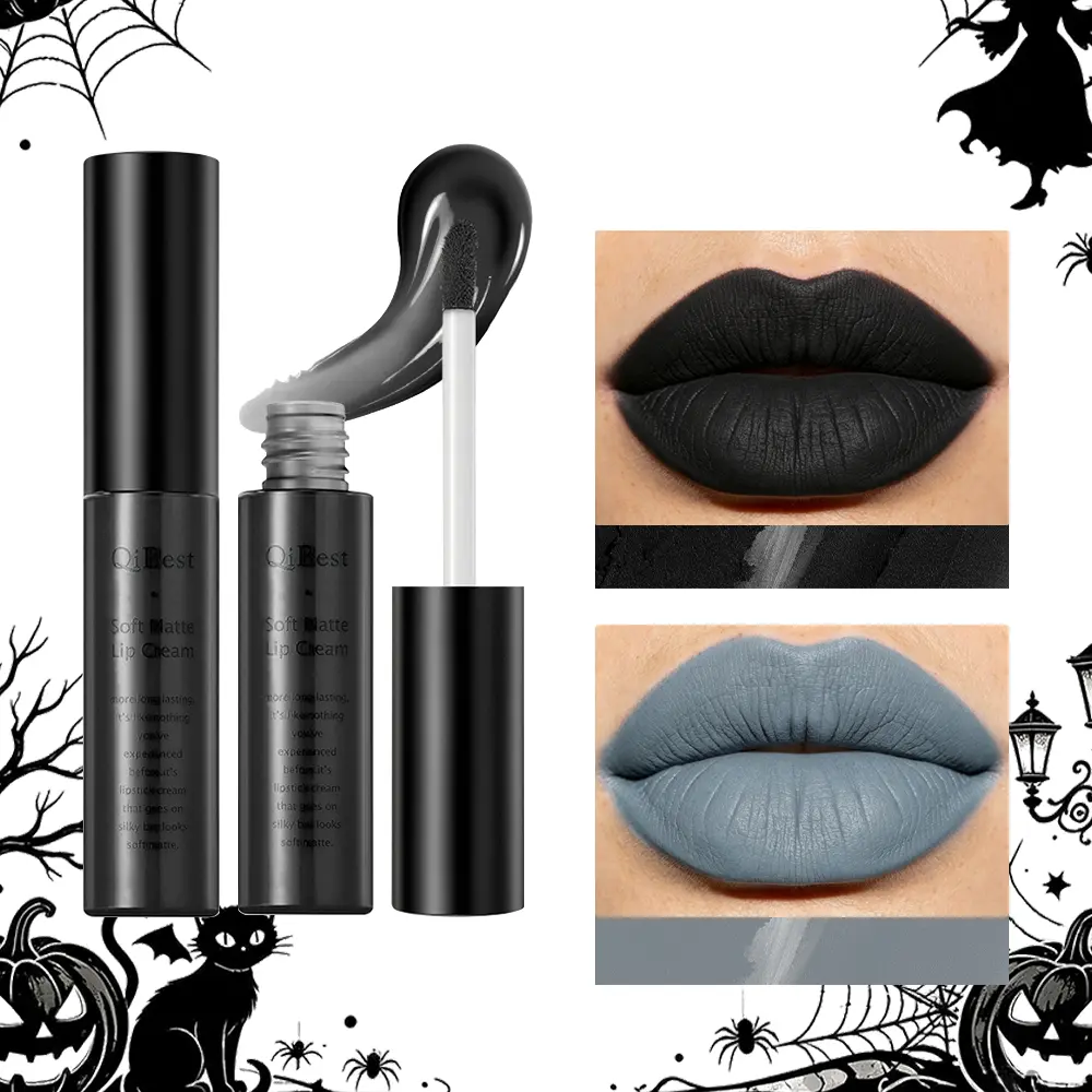 Soft Matte Lip Cream, 2 Shades Black & Grey Velvet Matte Liquid Lipstick, Long Lasting Waterproof Non-Stick Cup Lip Gloss, Gothic Halloween Dark Lip Makeup for Women